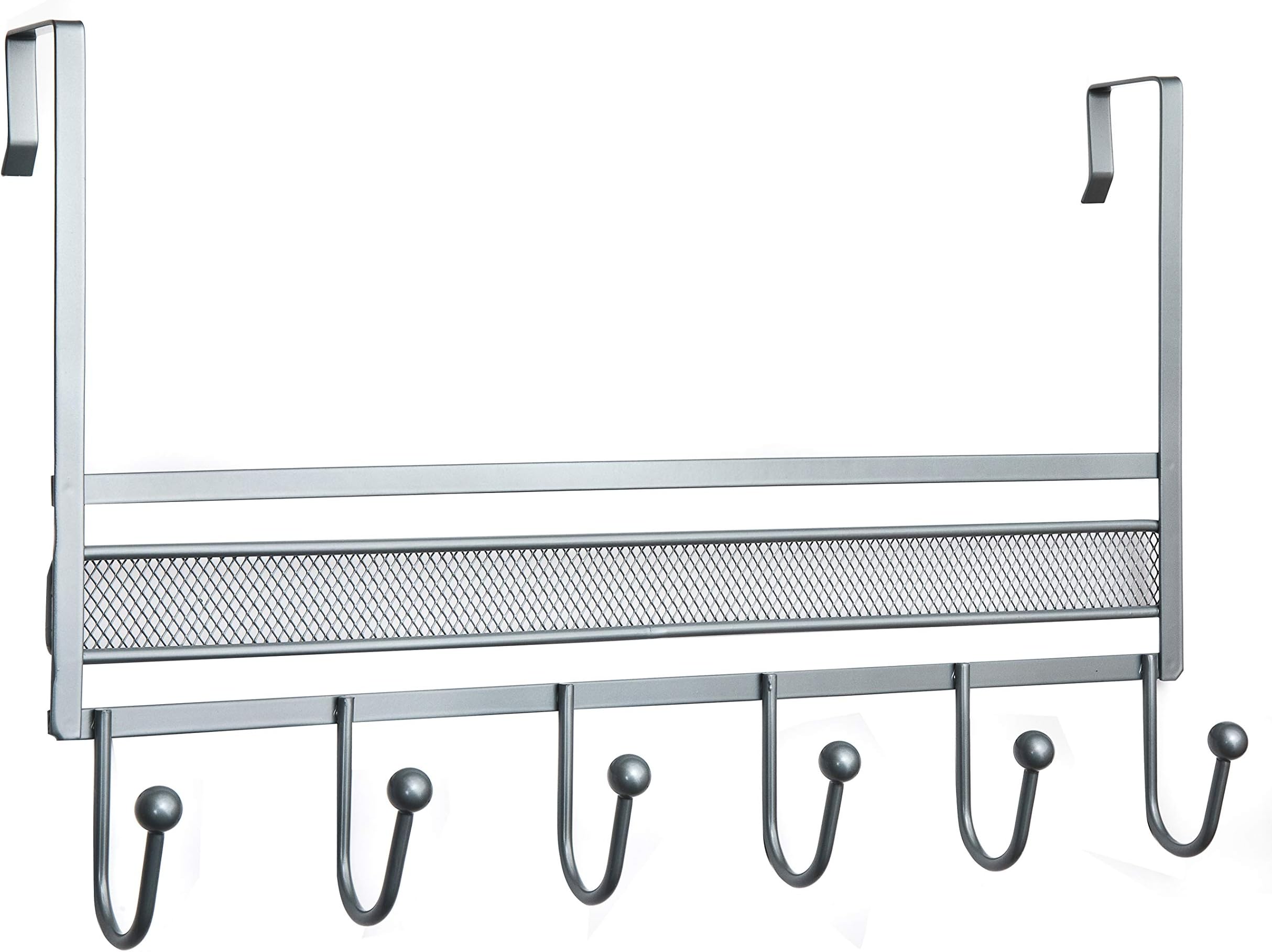 Over Door Hanger Hooks, 6 Hook Rack Organiser - Mesh Design - Matt Silver