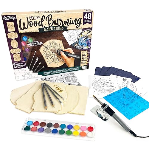 ArtSkills Wood Burning Kit for Beginners - Deluxe Pyrography Wood Engraving Art Kit with Burner Pen, Stencils, Watercolor Paints - 48 Piece DIY Woodburning Tool Kit for Adults and Kids
