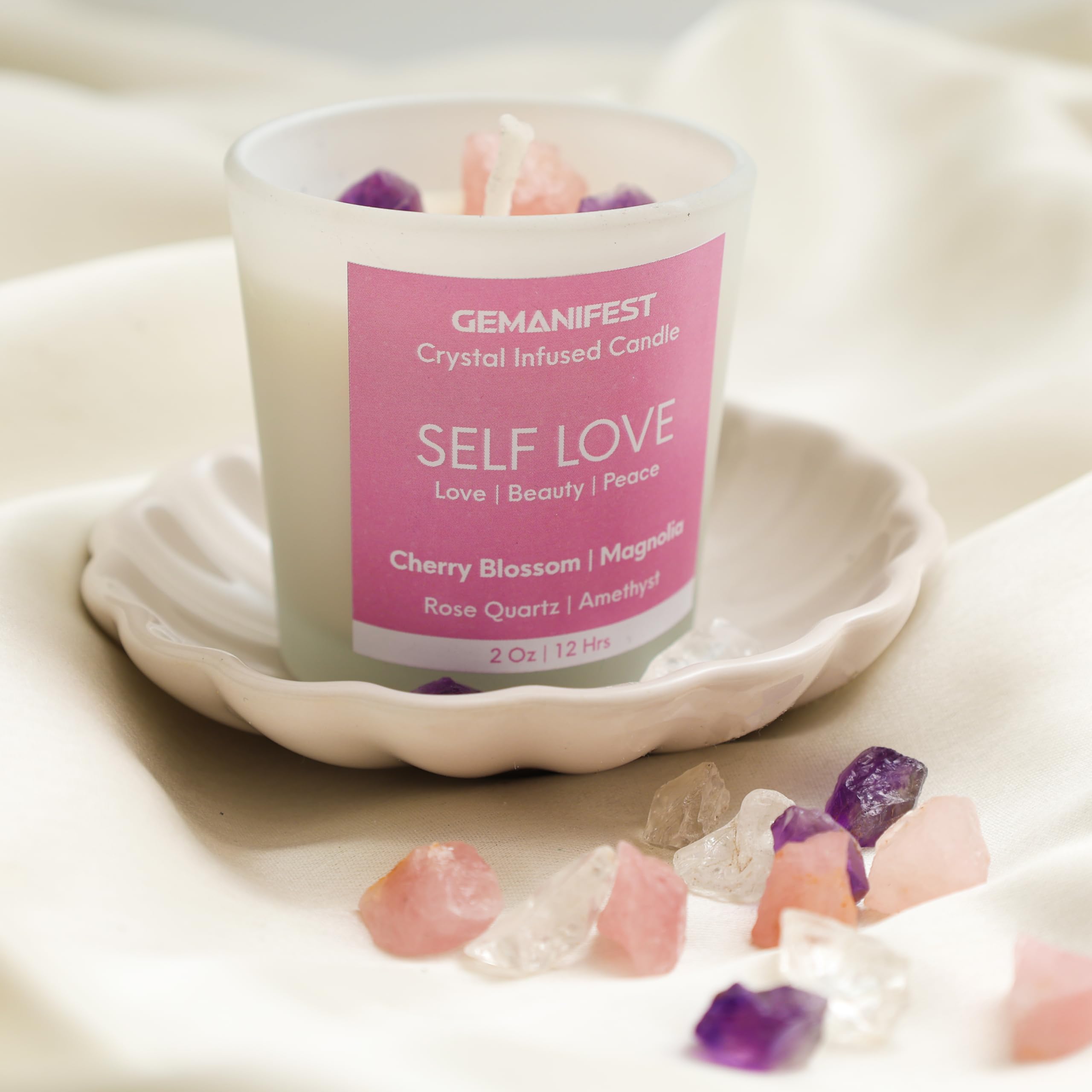 Self Love Manifestation Candle – Cherry Blossom & Magnolia Scented Soy Candle with Rose Quartz & Amethyst – Gift for Mom, Mother-in-Law, Women’s Wellness & Spiritual Healing