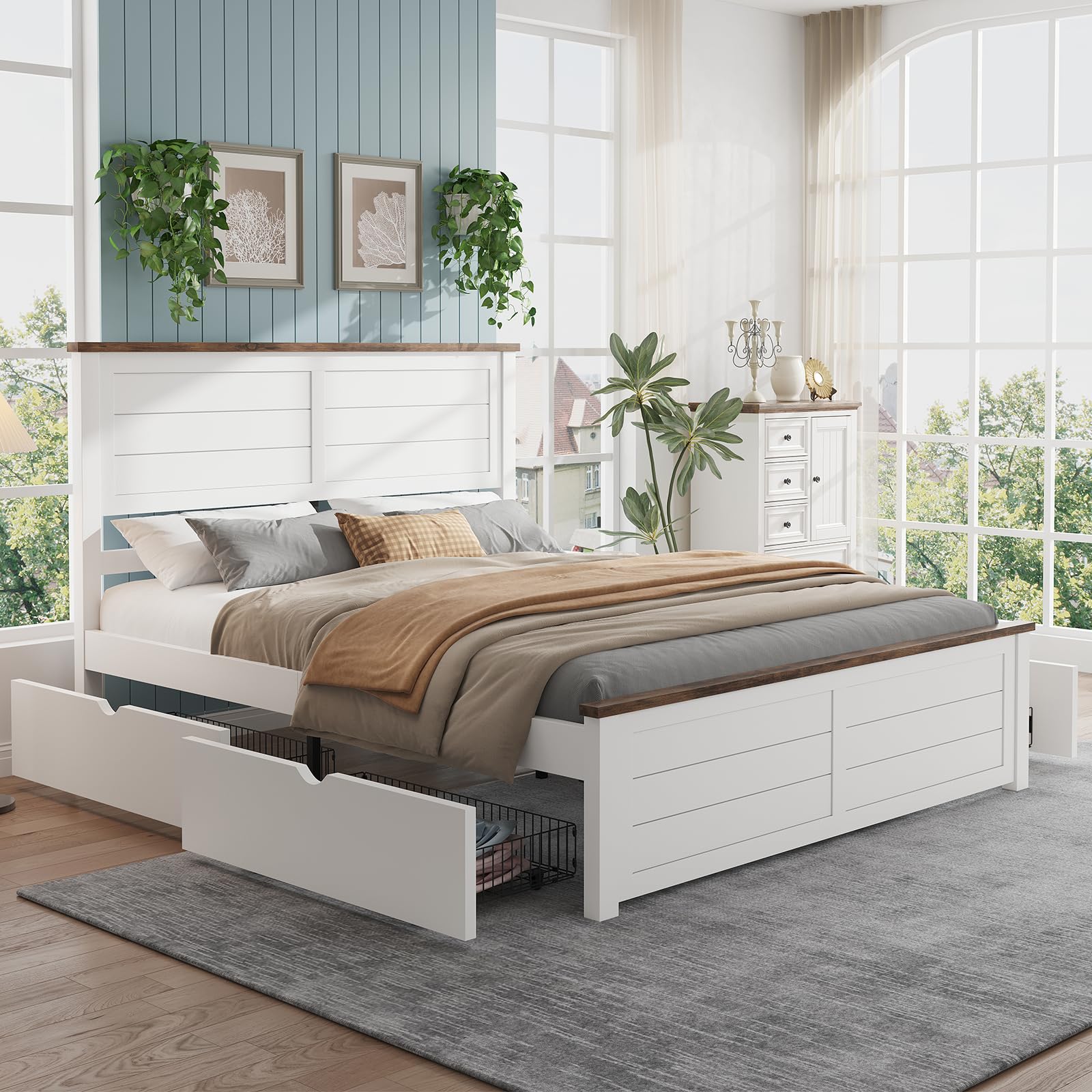 Farmhouse Queen Size Bed Frame with Headboard and 4 Storage Drawers ...