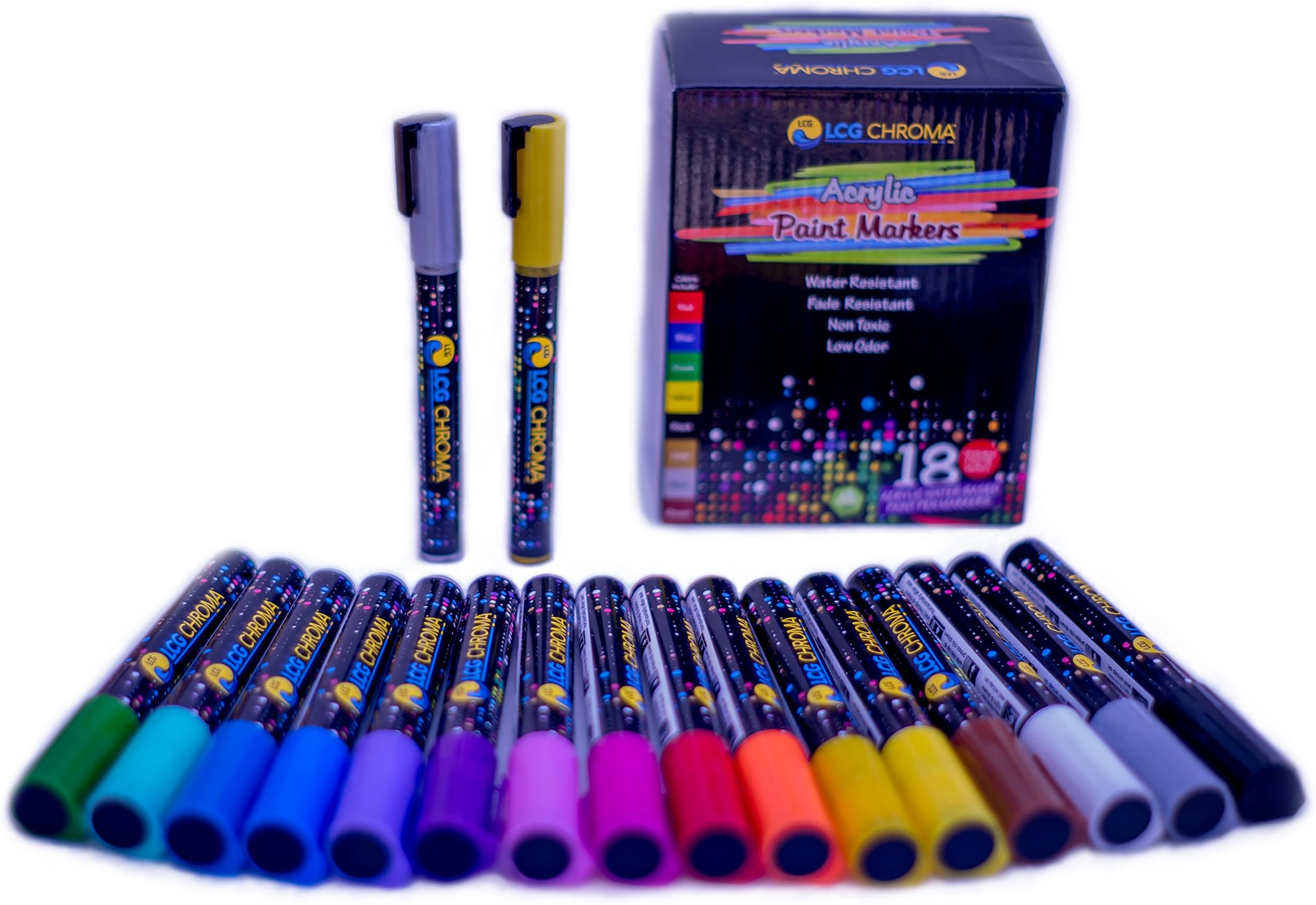 Multi-Color Acrylic Paint Marker/Pen Set with 18 Bullet & Chisel, Medium & Fine Tips - Use on Wood, Glass, Fabric, Ceramic, Rocks, Metal, Porcelain or Paper for DIY Projects, Art, and Painting