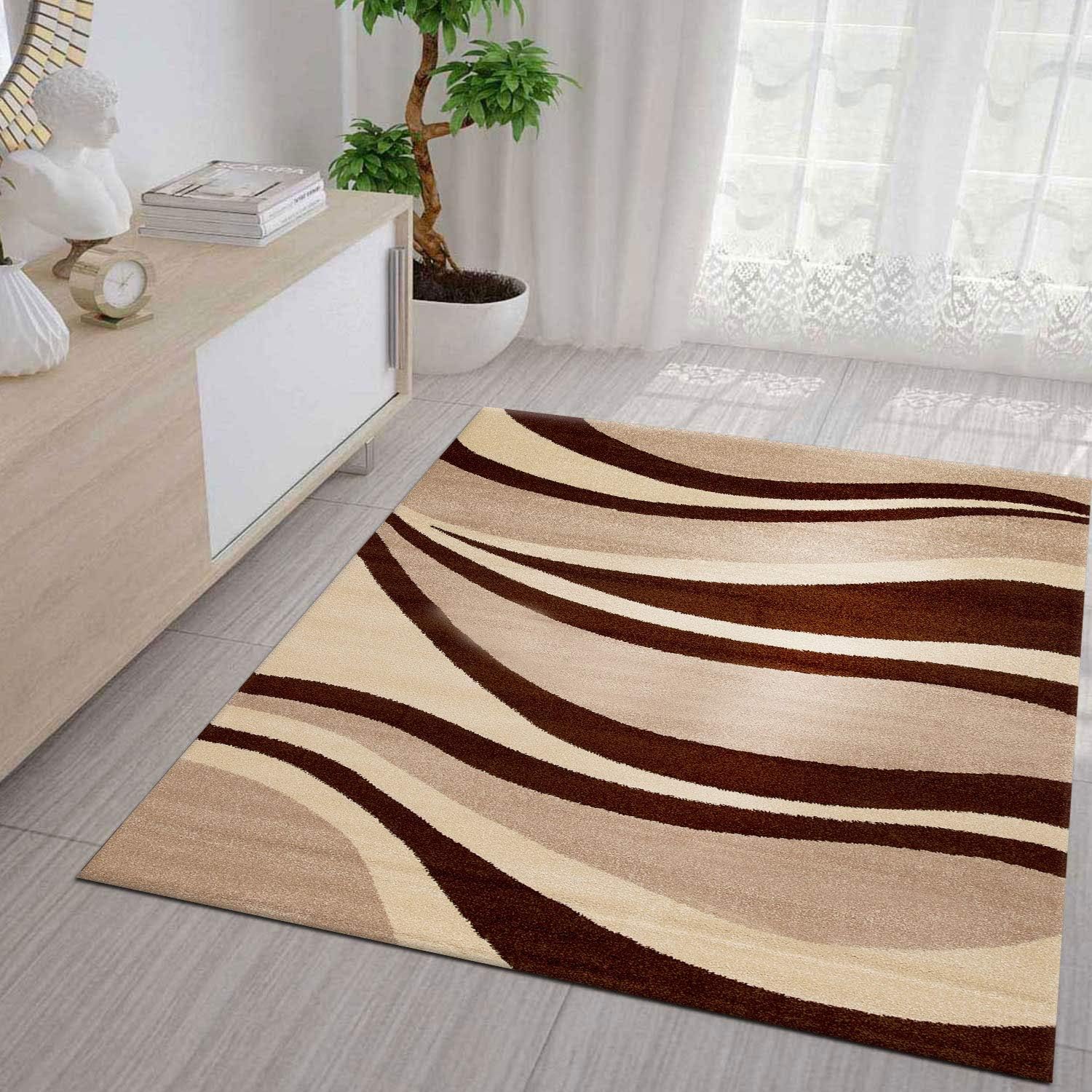 VIMODA Living Room Rug short Pile Modern Waves Pattern Brown Beige Hallway Modern Rugs Very Easy - Brown, 80 x 300 cm