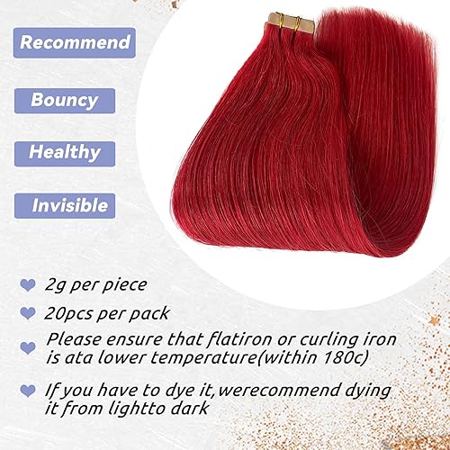 Miniatura 4 de Extensiones de cabello humano con cinta roja para mujeres blancas, 20 piezas de extensiones de cabello humano real de trama de piel sin costuras,