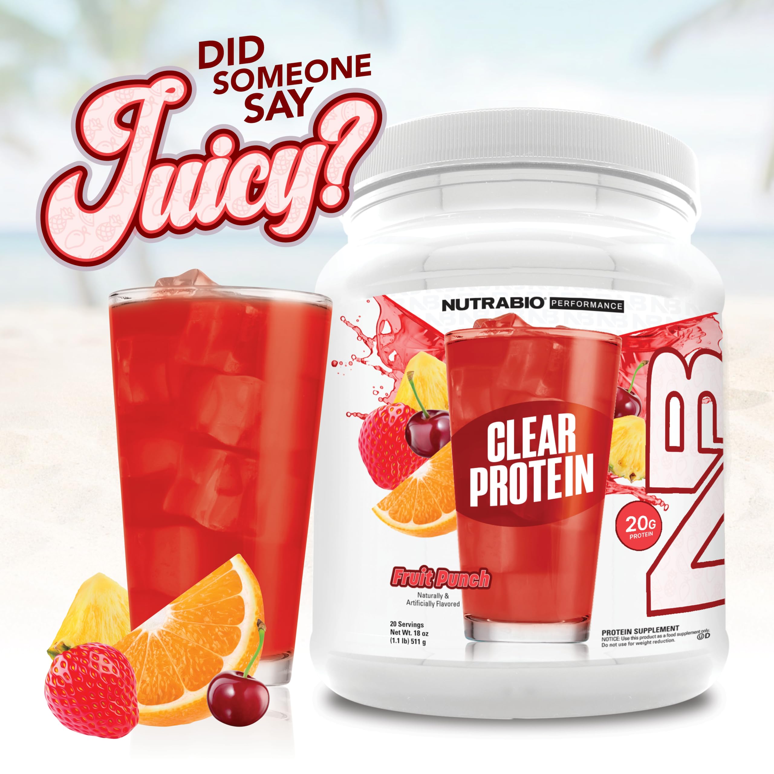 NutraBio Clear Protein Powder, Fruit Punch - 20 Servings, 20g Clear Whey Protein Isolate, 0 Sugar, 0g Lactose, Refreshing Fruit Flavors, GLP1 Support - Bone Health - Muscle Post Workout Recovery