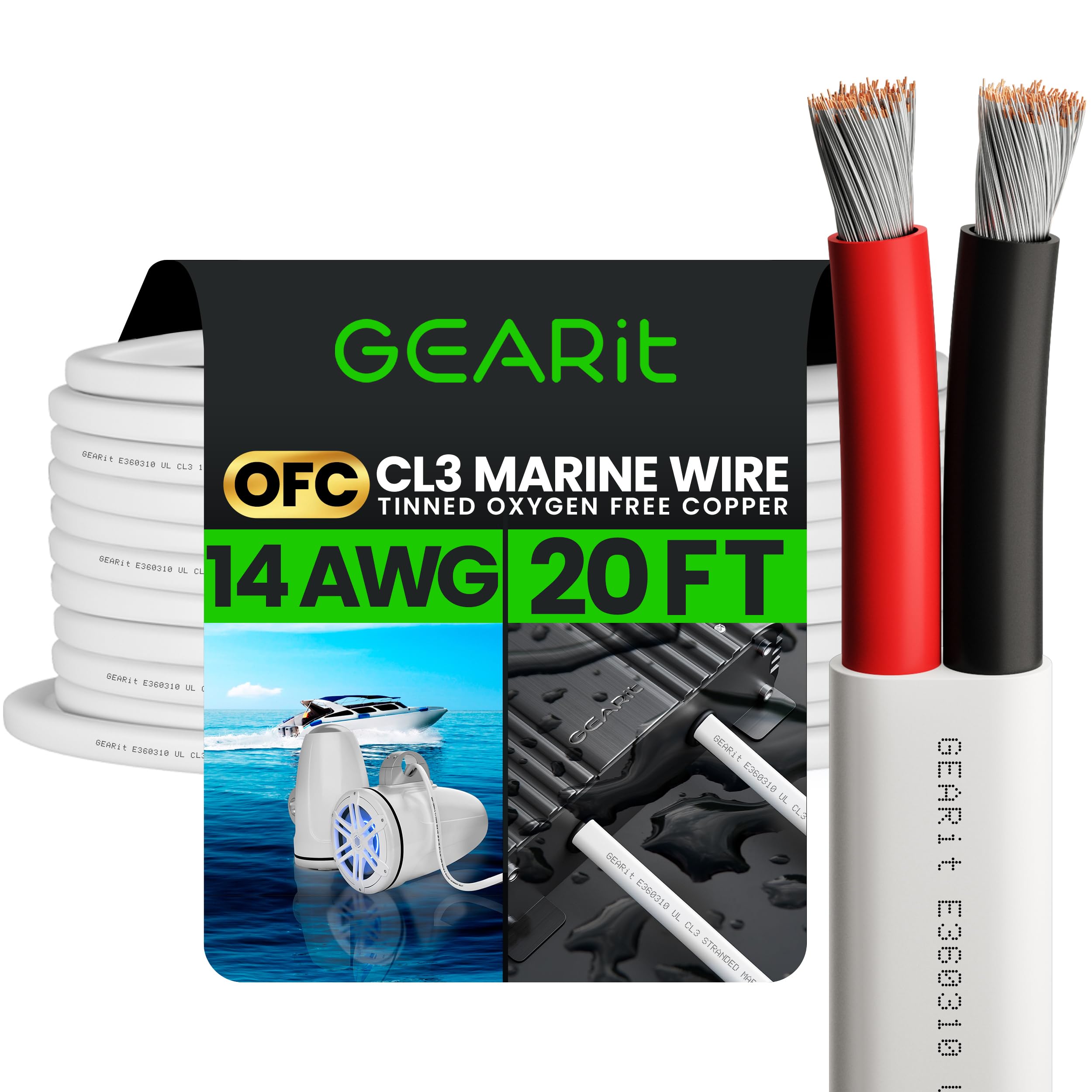 GearIT 14/2 Marine Wire (20 Feet) 14AWG Gauge - Tinned OFC Copper/Marine Grade Speaker Cable/Duplex / 2 Conductors - OFC Oxygen-Free Copper, White 20ft