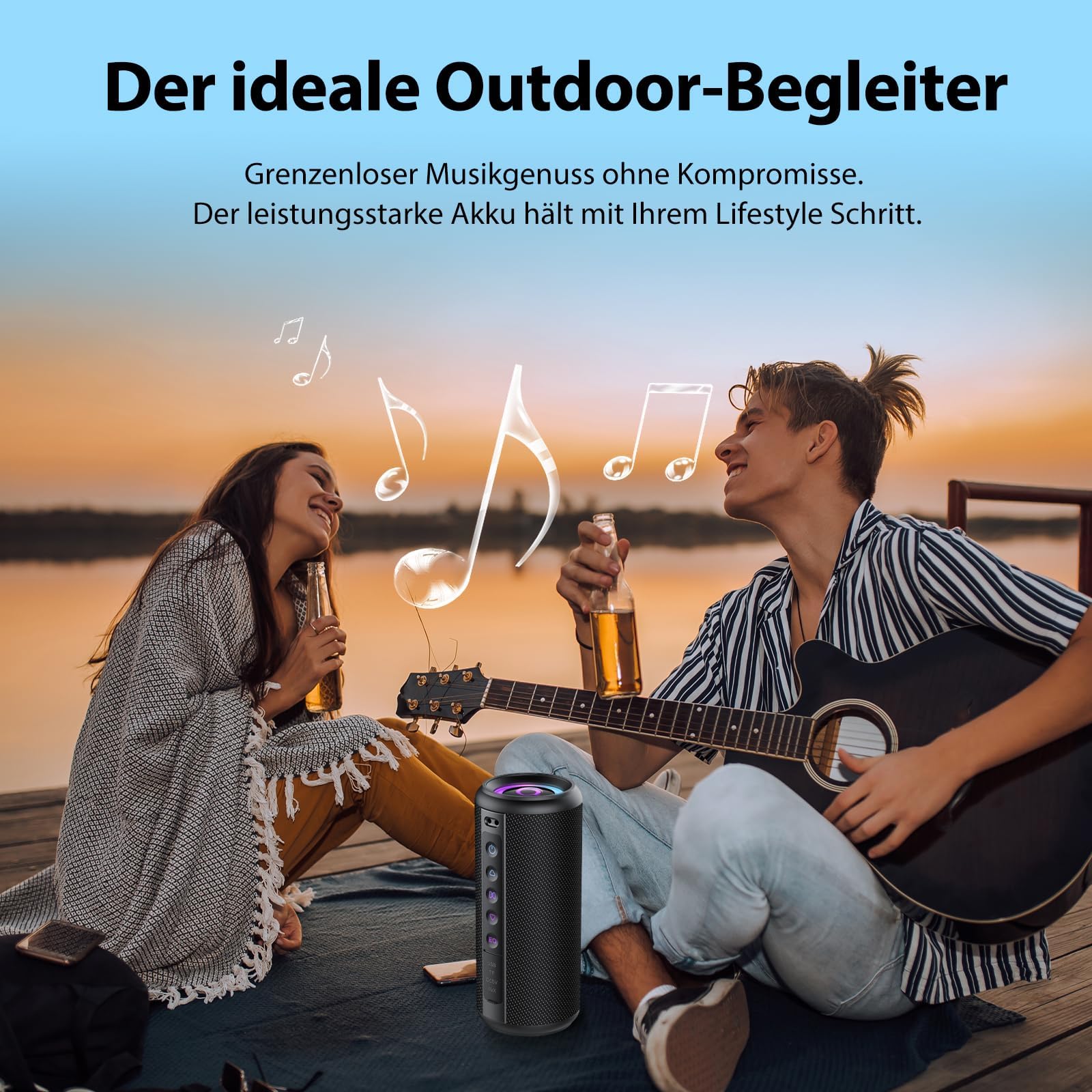 Bluetooth Lautsprecher, 2026 Musikbox Bluetooth 5.4 mit RGB Licht, Tragbare Bluetooth Box, Freisprechfunktion, IPX7 wasserdicht, kraftvoller Sound für Outdoor, Garten und Reisen