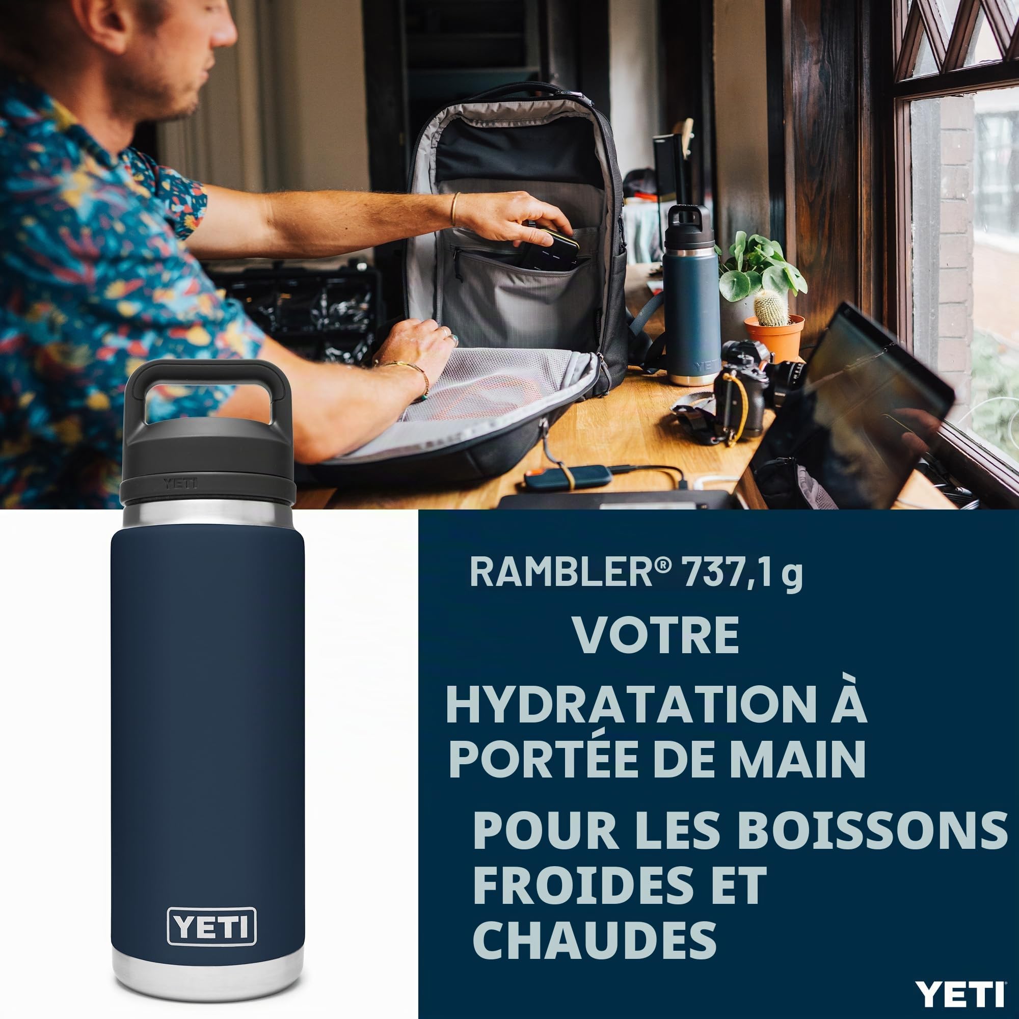 YETI Rambler Bottle Chug, Vacuum Insulated Stainless Steel Bottle with Chug Cap, Navy, 26 oz (760 ml)
