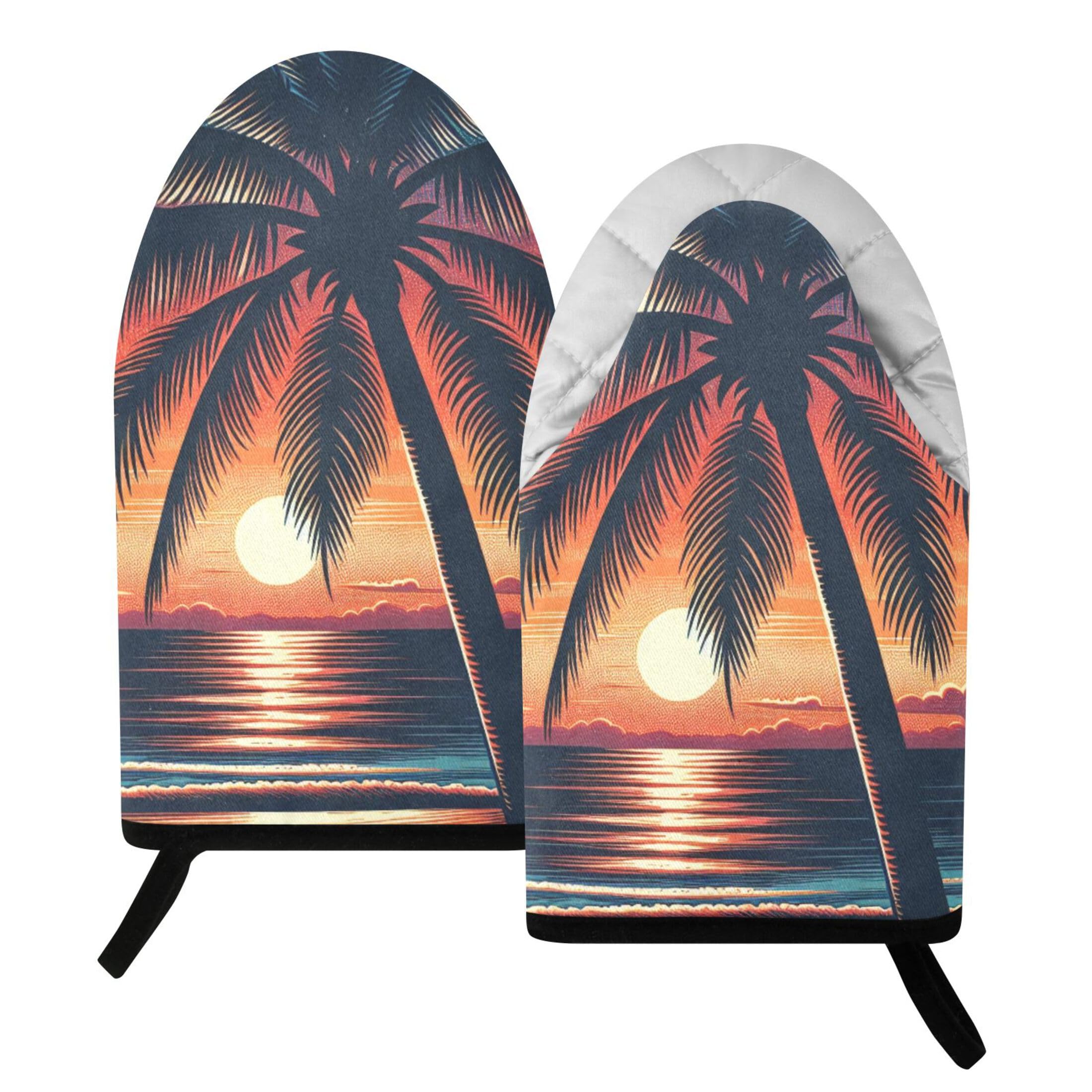 Fuauuyl Oven Mitts Heat Resistant Kitchen Gloves, Tropical Sunset Palm Classic Oven Gloves with Hanging Loop for Baking BBQ Cooking Grilling, 1 Pair, 9.5 in