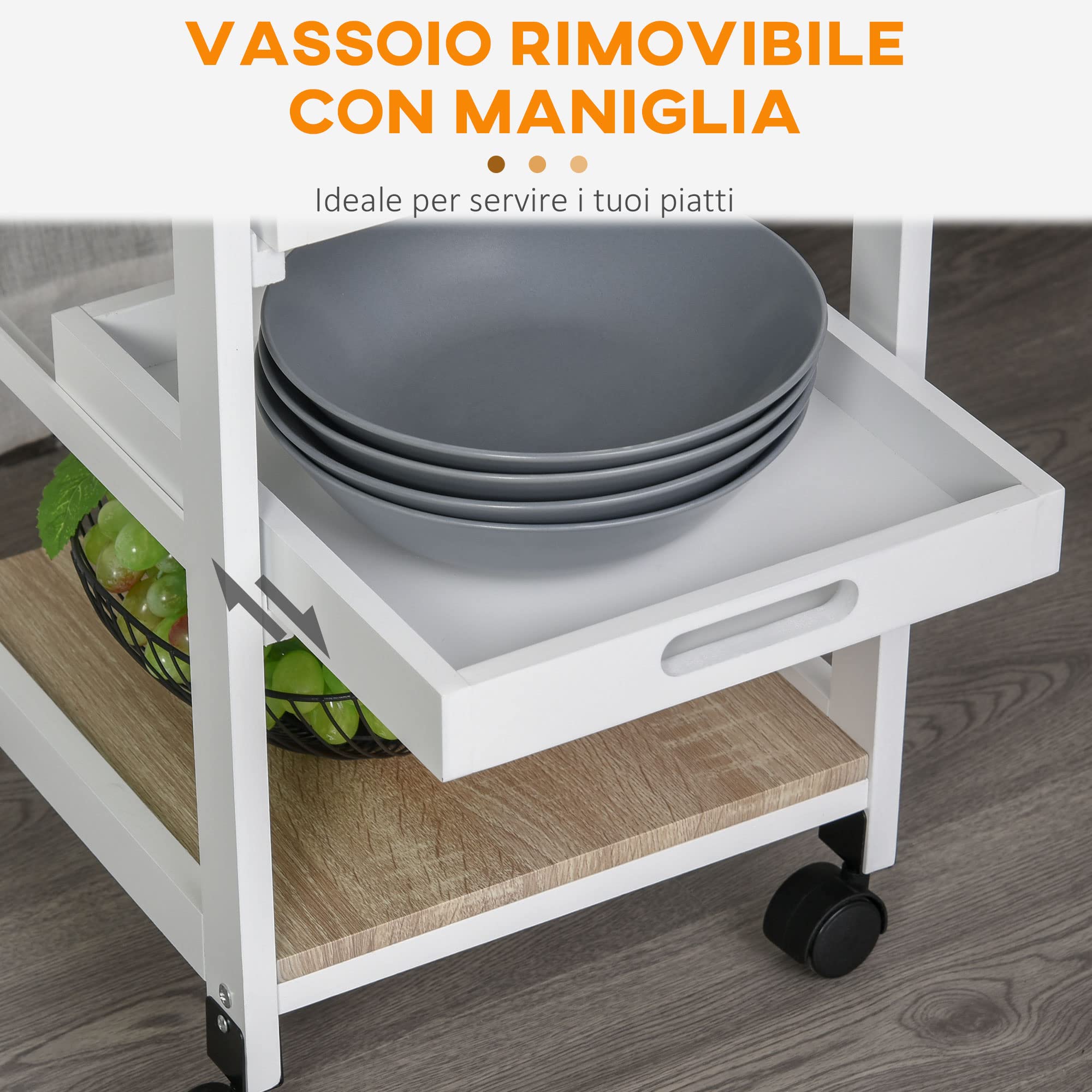 HOMCOM Carrello da Cucina Salvaspazio in Legno di Pino e MDF, Carrello Portaoggetti con Cassetto, Cestello, 2 Vassoi e 4 Ruote Universale, 37x37x82cm, Bianco