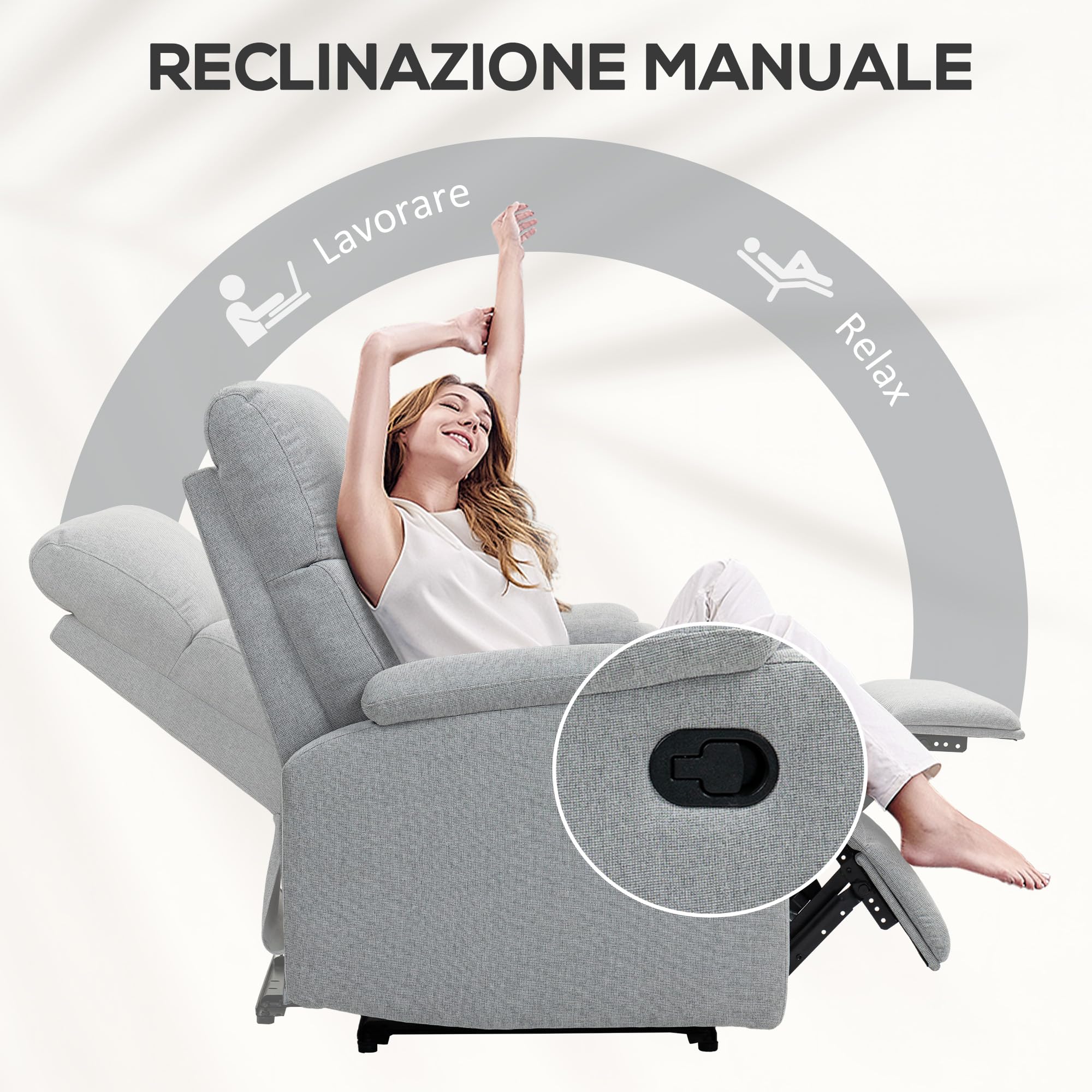 HOMCOM Poltrona Relax Reclinabile Manuale 60° con Poggiapiedi Grigio | Poltroncina Reclinabile , Schienale Imbottitura Spessa, in Tessuto, Camera da Letto, Salotto, Soggiorno