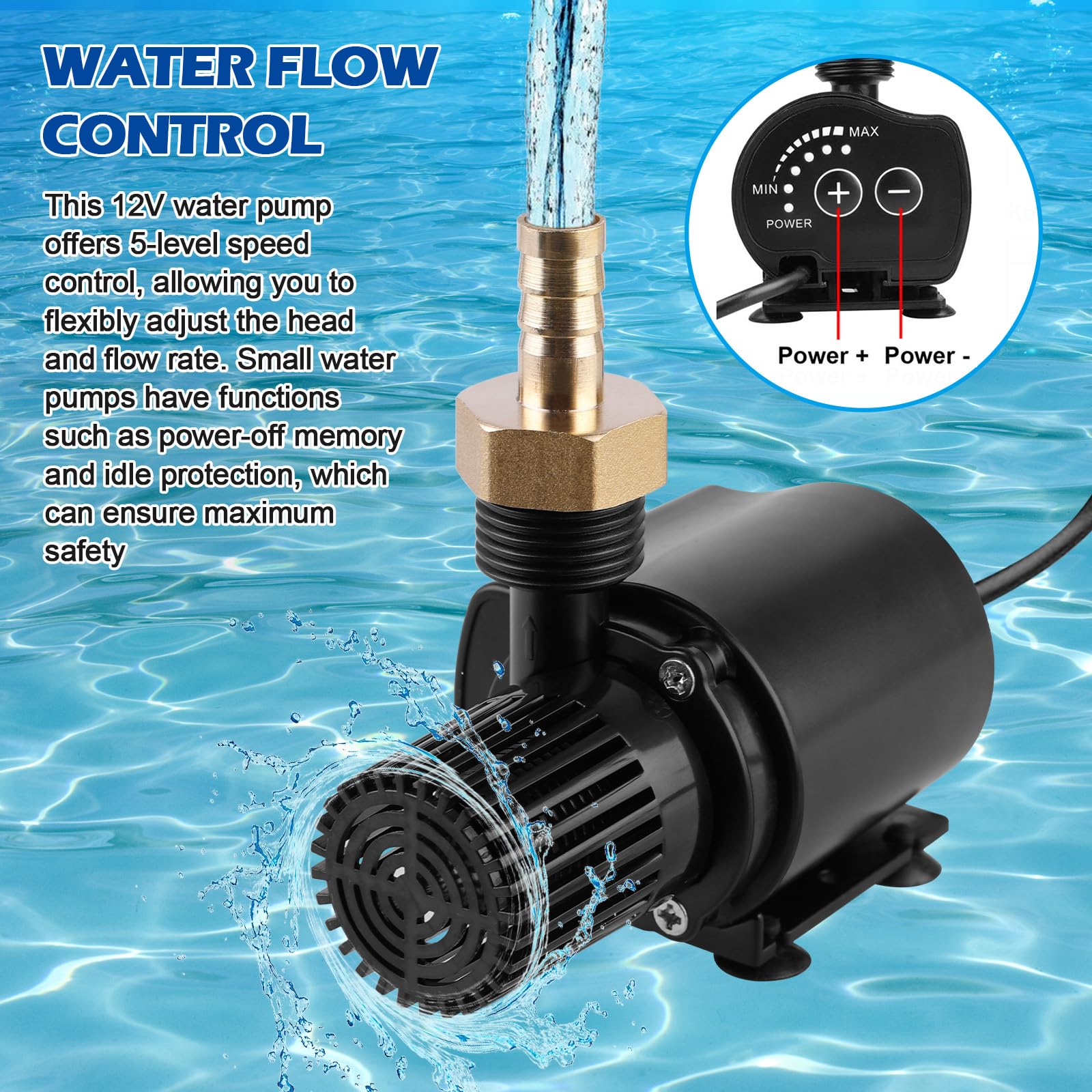Pompa dell'acqua 12 V, 800 l/h, 5 m, piccola pompa dell'acqua con regolazione della velocità, pompa per laghetto, pompa sommergibile, pompa per acquario, pompa per fontane, sistema di circolazione