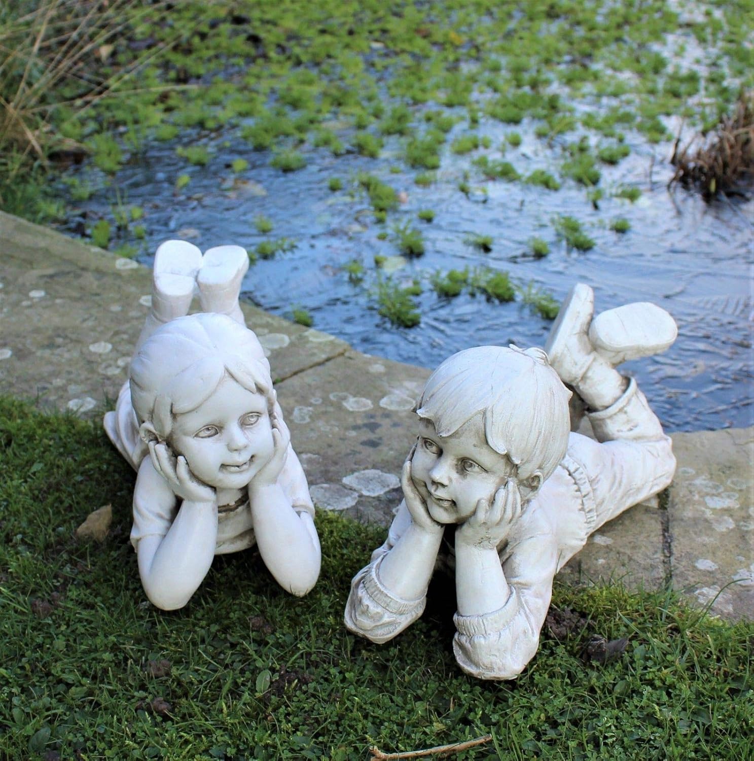 Large LYING BOY & GIRL Statues Home Decor & Garden Ornament Sculpture