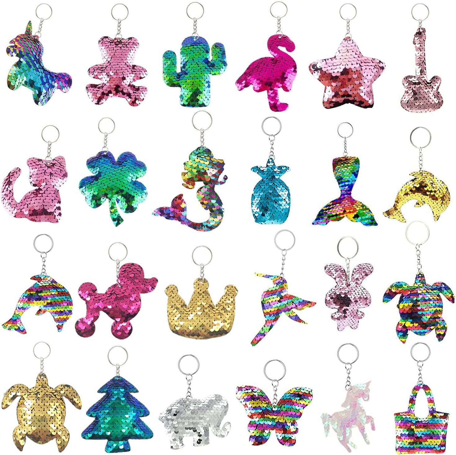 24 Pcs Colorful Sequin Keychains Girls Keyrings Party Bags Gift, Reversible Sequins for Kids Adults Birthday Favors Backpack Accessories