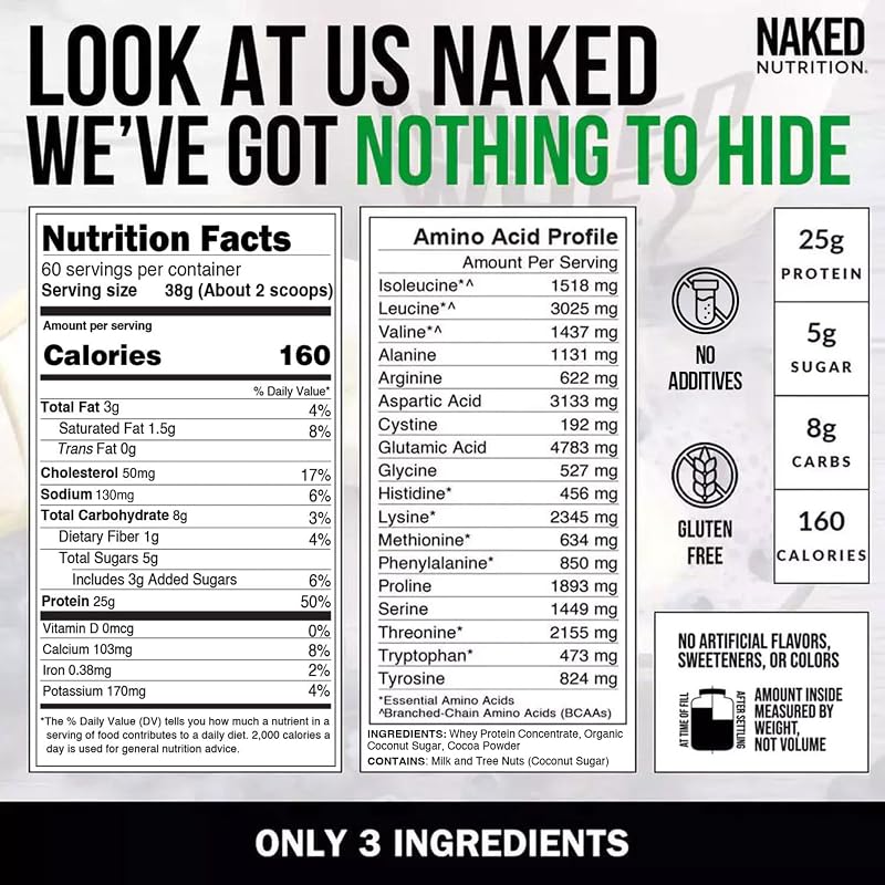 NAKED Whey Protein Supplement Powder, Chocolate, NSF Certified, GMO Free, Soy Free, Gluten Free Aid Muscle Growth and Recovery 60 Servings, 5 Ib image 5