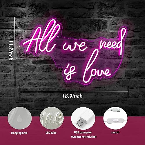 Miniatura 6 de Letreros de neón All We Need is Love para decoración de pared, alimentado por USB 3D Art Neon Light, rosa, 18.9 x 11.7 x 0.7 pulgadas