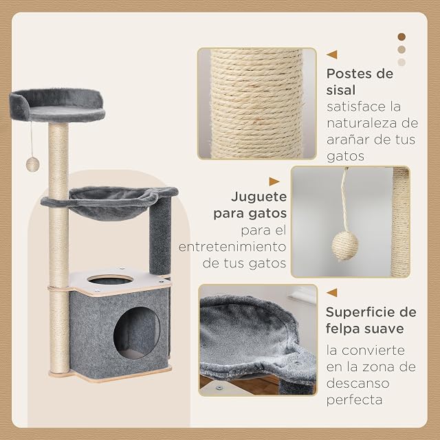 Foto 4 de 8 de PawHut Árbol Rascador para Gatos 48x34x95 cm Torre para Gatos con Hamaca Plataformas Cueva Extraíble Bola…