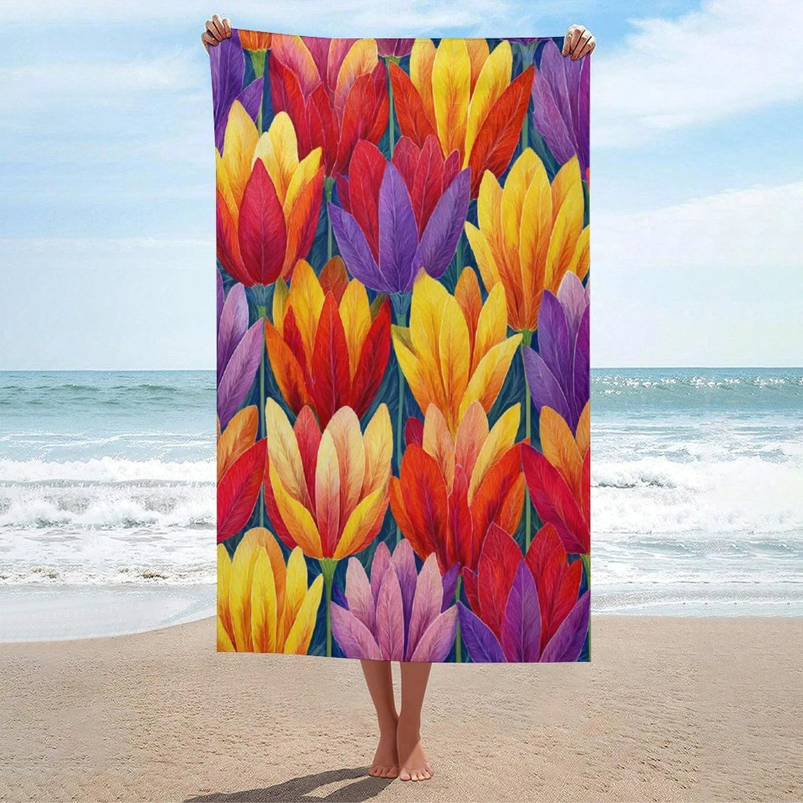 LSRCPD Red Yellow And Purple Tulips Beach Towel Sand Free Microfiber Large Shower Towels Multipurpose Absorbent for Bathroom Pool 130x80 CM