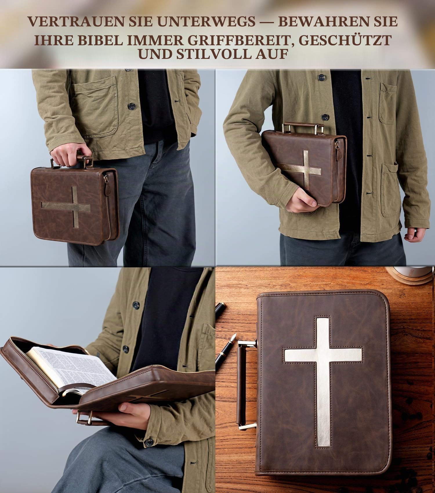 Veganes Leder Bibel Cover Case Bibeltasche mit Handytasche Bibelhülle für Männer Frauen Christliche Geschenkbox Verpackung (Braun)