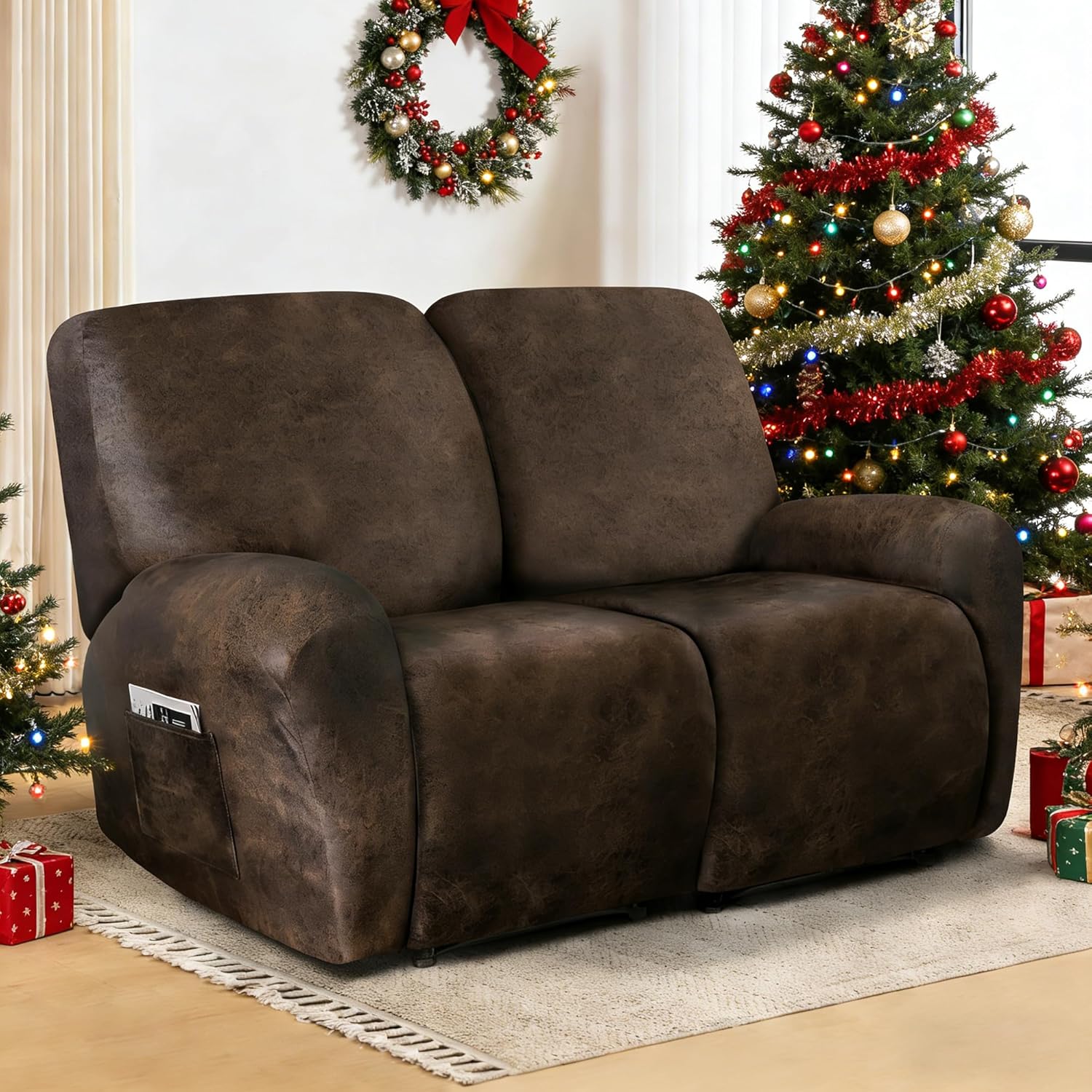 ANARACHON Leather Look Loveseat Recliner Cover, 6-Pieces Stretch Dual Recliner Sofa Covers, Soft Reclining Couch Slipcover, Washable Furniture Protector for Pets (2 Seater, Brown)