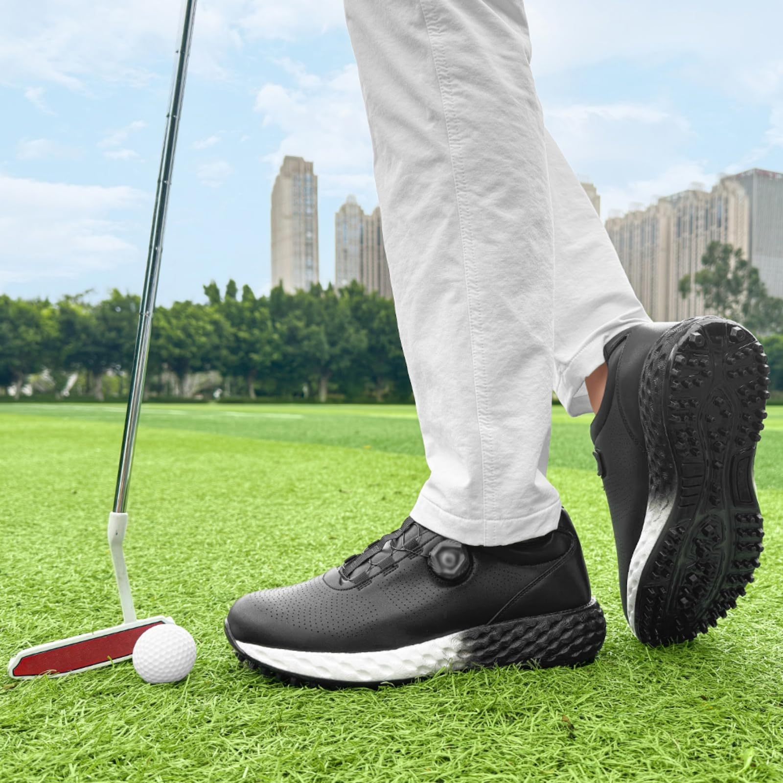 JiuQing Wodoodporne buty golfowe męskie profesjonalne bezkolcowe wygodne lekkie antypoślizgowe skórzane trampki