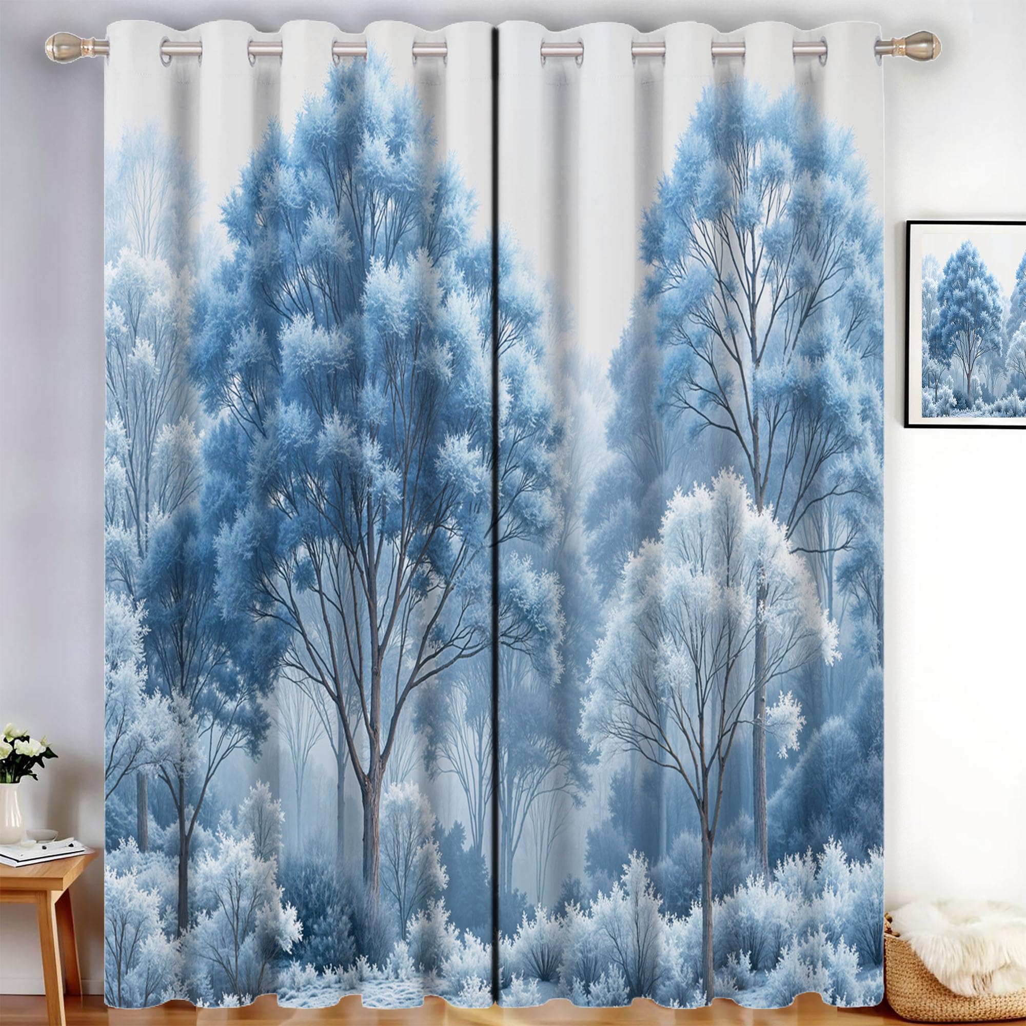 Pflanzenwald Vorhänge, Aquarellpflanzen Vorhang Blickdicht Thermo Verdunkelungsvorhänge Mit Ösen - Blau Gardinen Wohnzimmer Schlafzimmer Fenster - H175 x B140 cm (2er Pack)