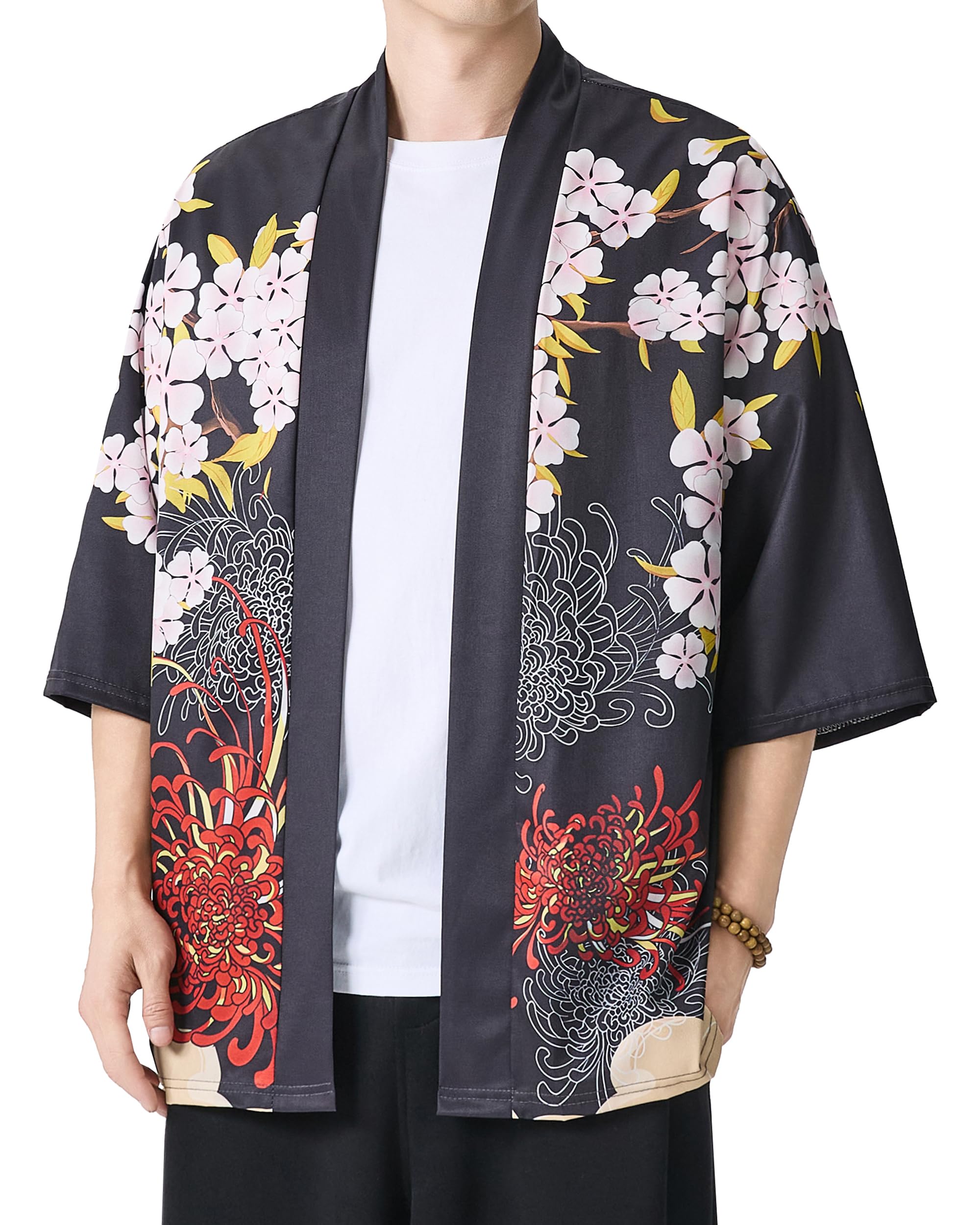 PRIJOUHE Men's Japanese Kimono Robe Jacket 3/4 Sleeve Open Front Yukata