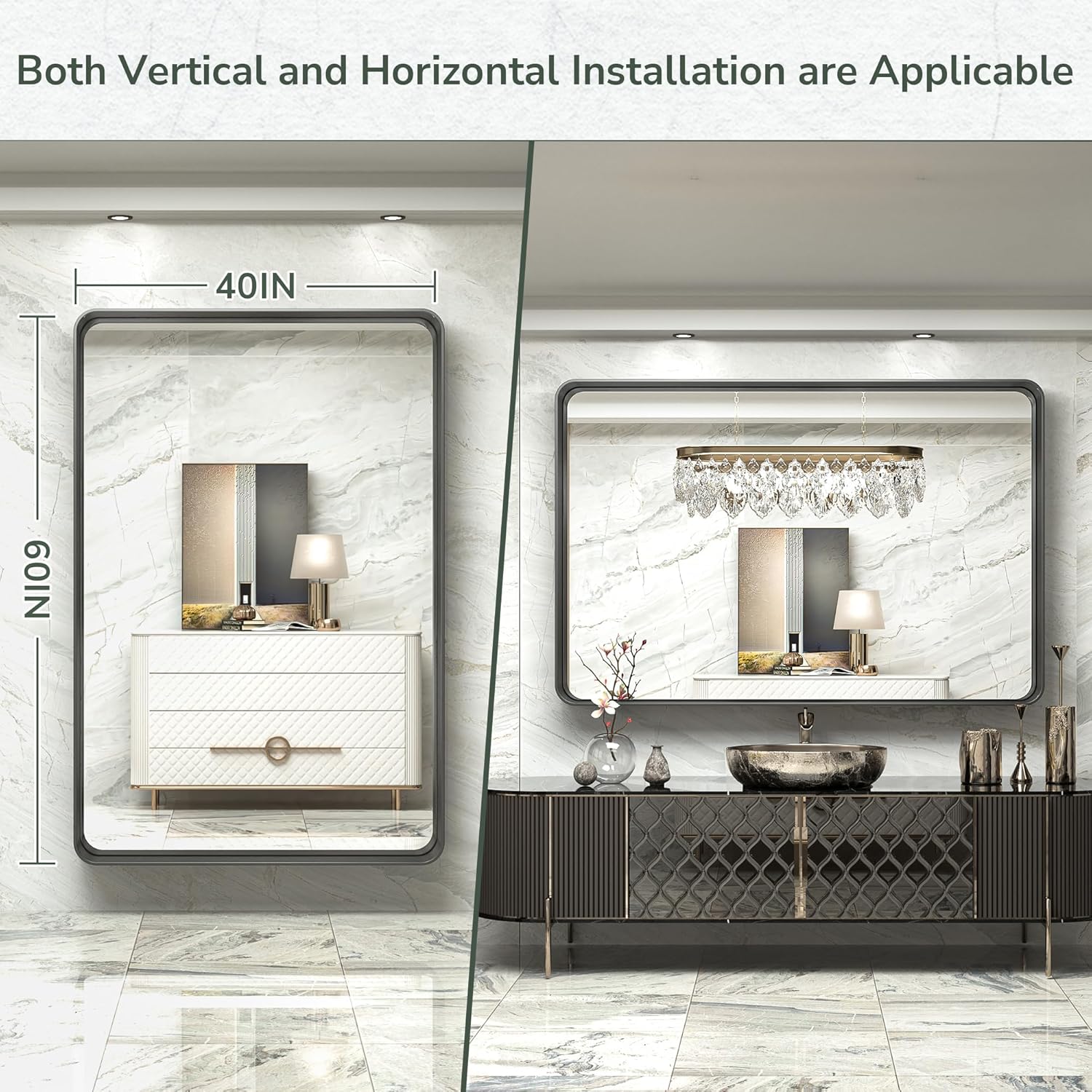 Two images showing the TokeShimi mirror installed in both vertical and horizontal orientations in a bathroom setting.