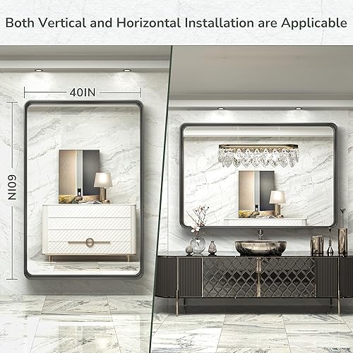 Miniatura 8 de TokeShimi - Espejo rectangular para pared de baño, espejo de tocador con marco de metal de aleación de aluminio inoxidable, esquinas redondeadas,