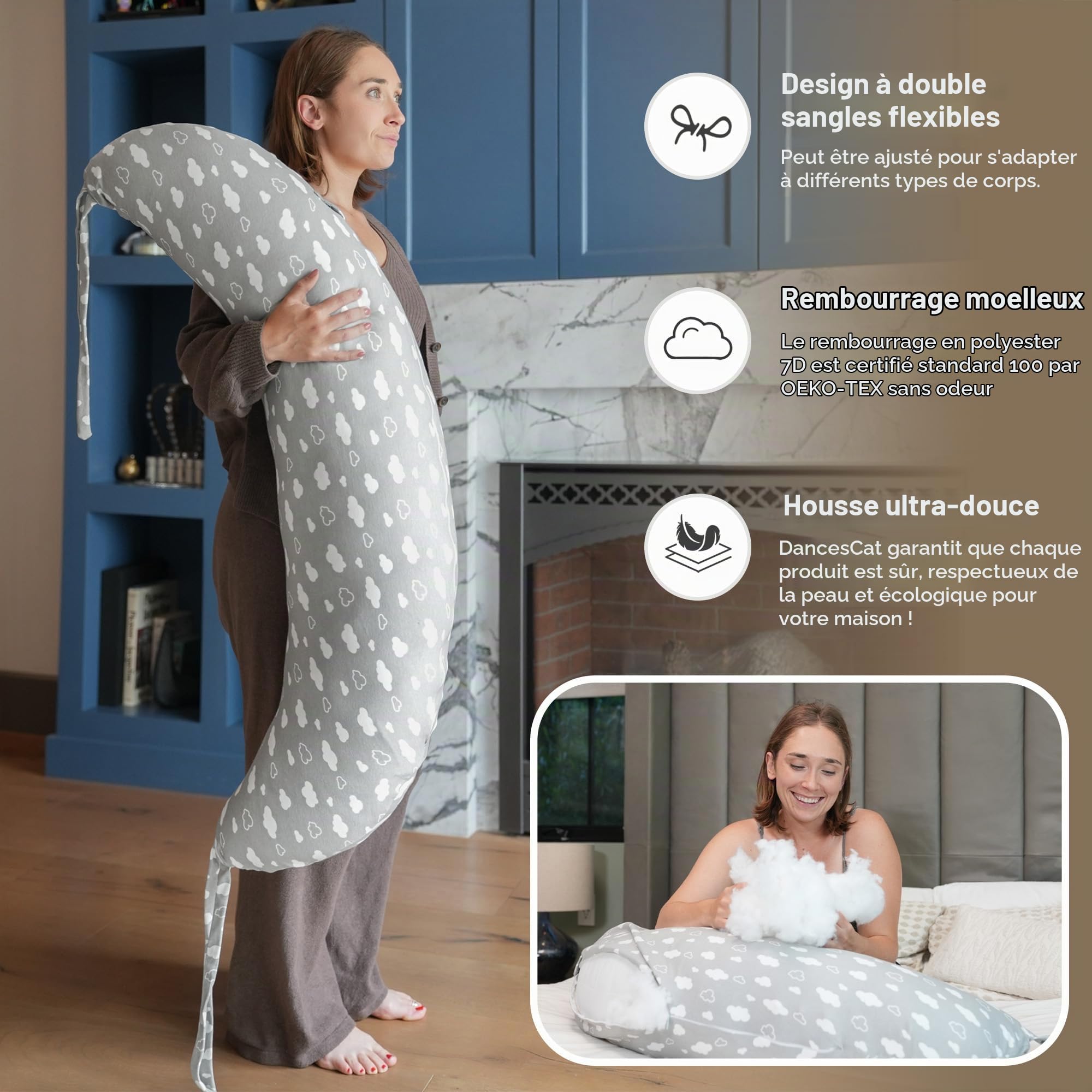 DancesCat Coussin Grossesse&Allaitement Réglable,100% Coton