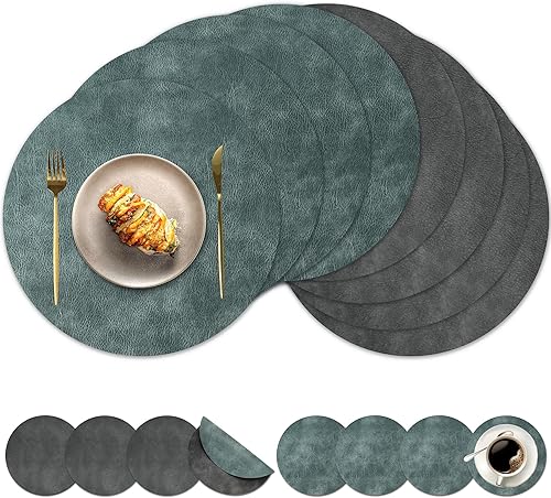 Miniatura 11 de Juego de 6 manteles individuales redondos y posavasos, manteles individuales reversibles lavables de cuero sintético con patrón de cuero de vaca,