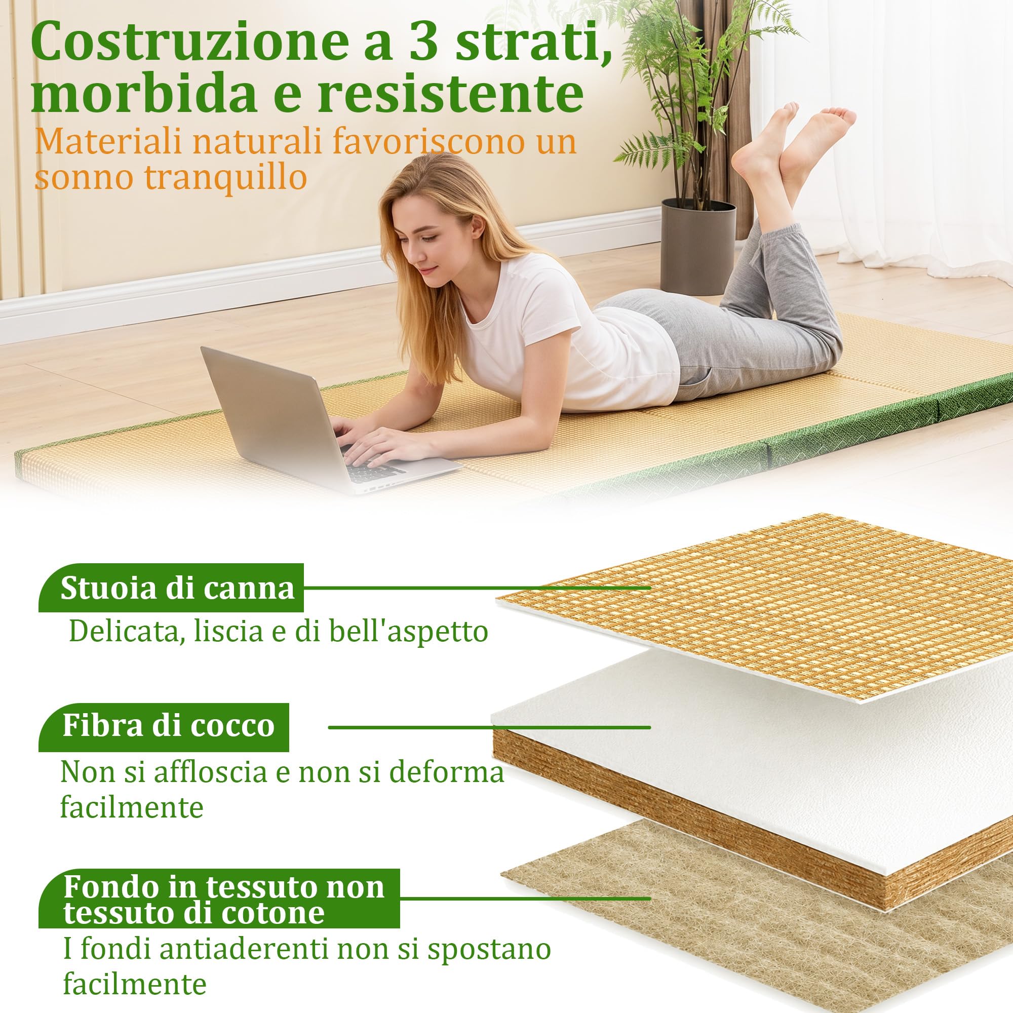 Tatami 100x200cm In Fibra Di Cocco E Rattan – Futon Giapponese Di Alta Qualità Pieghevole, Antiscivolo A 4 Strati Traspirante Antimacchia – Perfetto Per Meditazione Yogaripososoggiorno E Letto Ospiti
