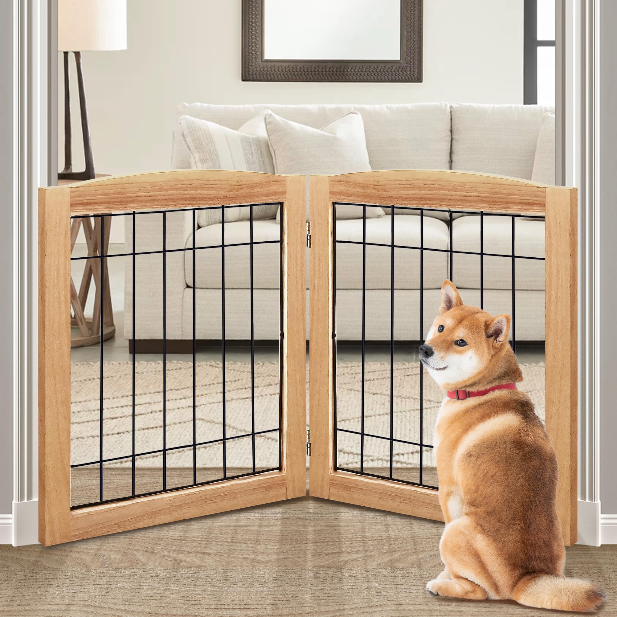 LZRS 2-Panel Freestanding Foldable Wood Dog Gate – Solid Wood & Steel Wire, Chew-Resistant Pet Barrier for Indoor Use, Ideal for Small to Medium Dogs, Natural