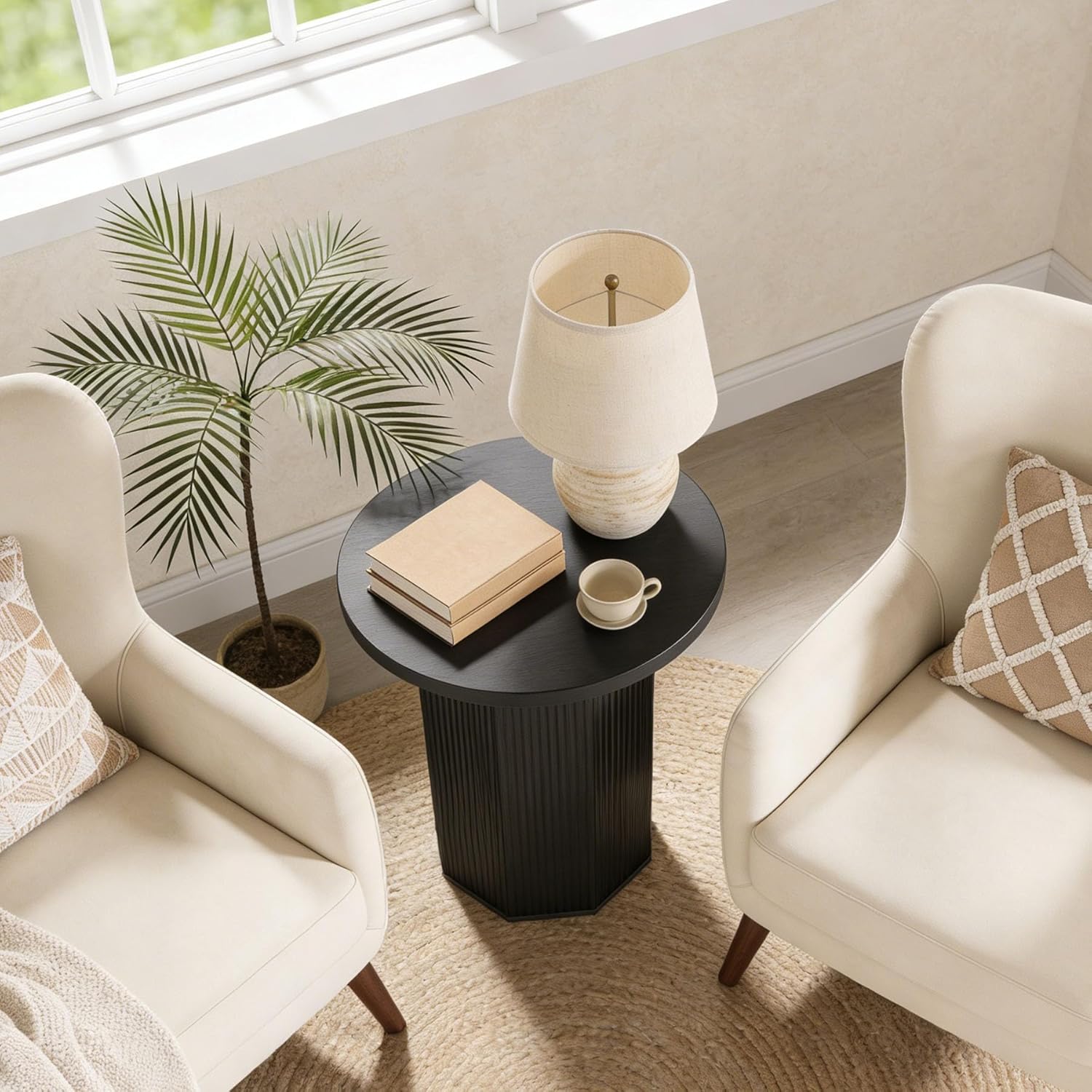 Tribesigns Round Pedestal End Table, Farmhouse Side Table with Fluted Base, Wooden Accent Tables for Small Space, Couch, Living Room (1, Black)
