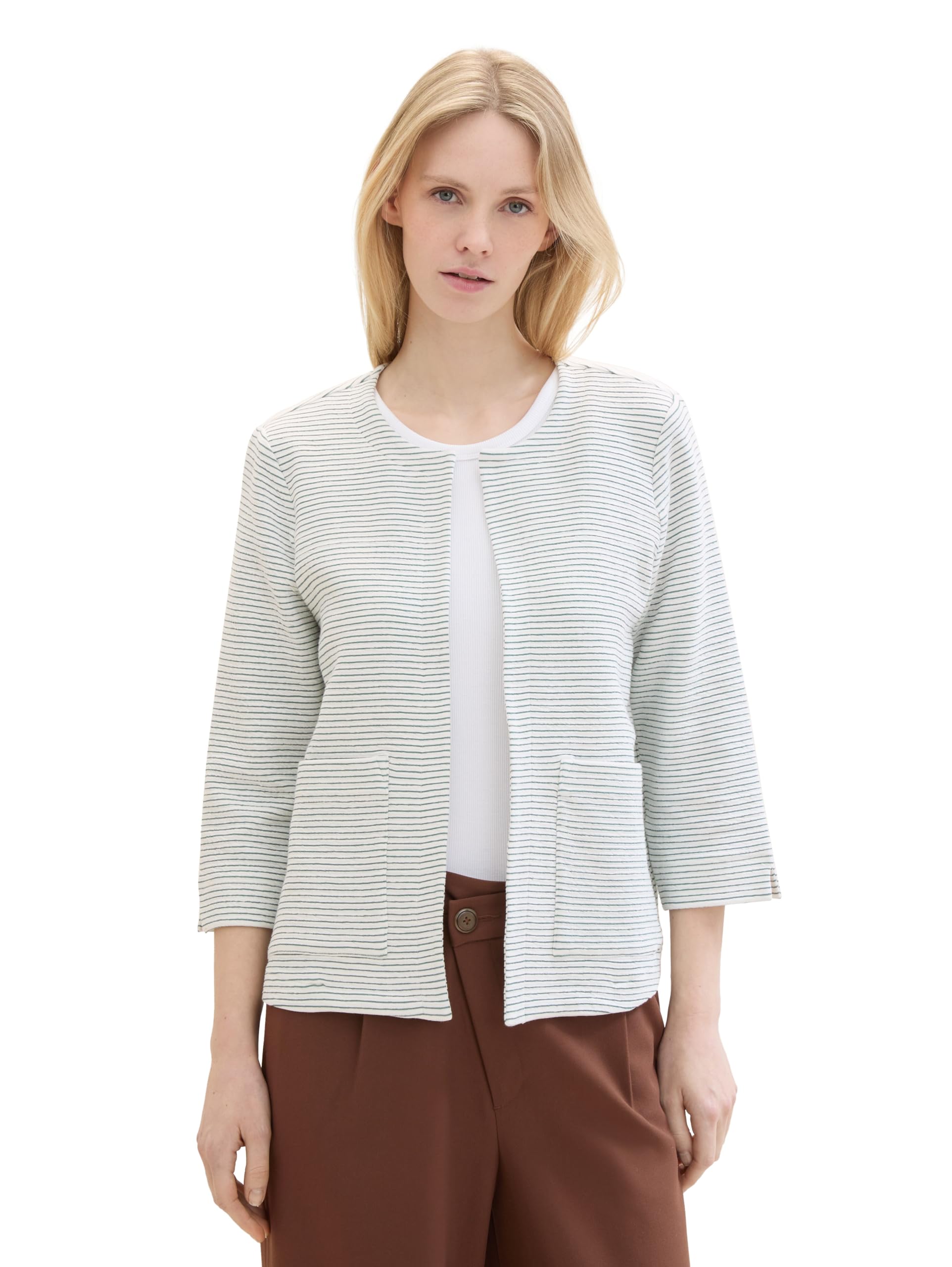 TOM TAILOR Women's 1041218 Blazer, 34869-Offwhite Green Stripe Ck, 26