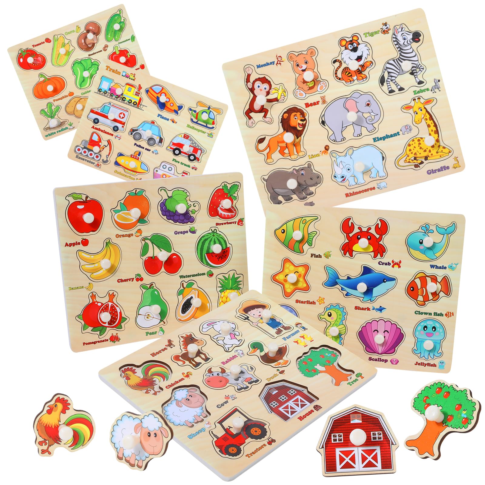 Wooden Peg Puzzles for Toddlers 1-3,6 Pack Educational Board Toys