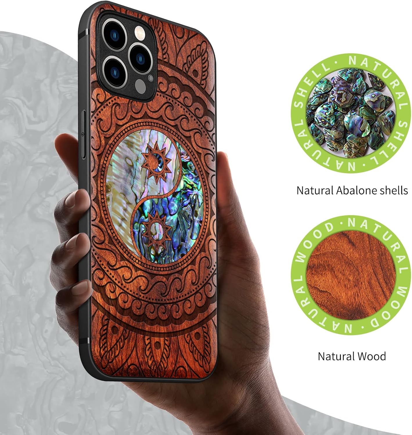 Carveit Designer Wooden Protective Case for iPhone 12 Pro Max Magnetic Cover [Wood Engraving & Shell Inlay] Compatible with 12 Pro Max MagSafe (Yin Yang Paisley-Rosy)