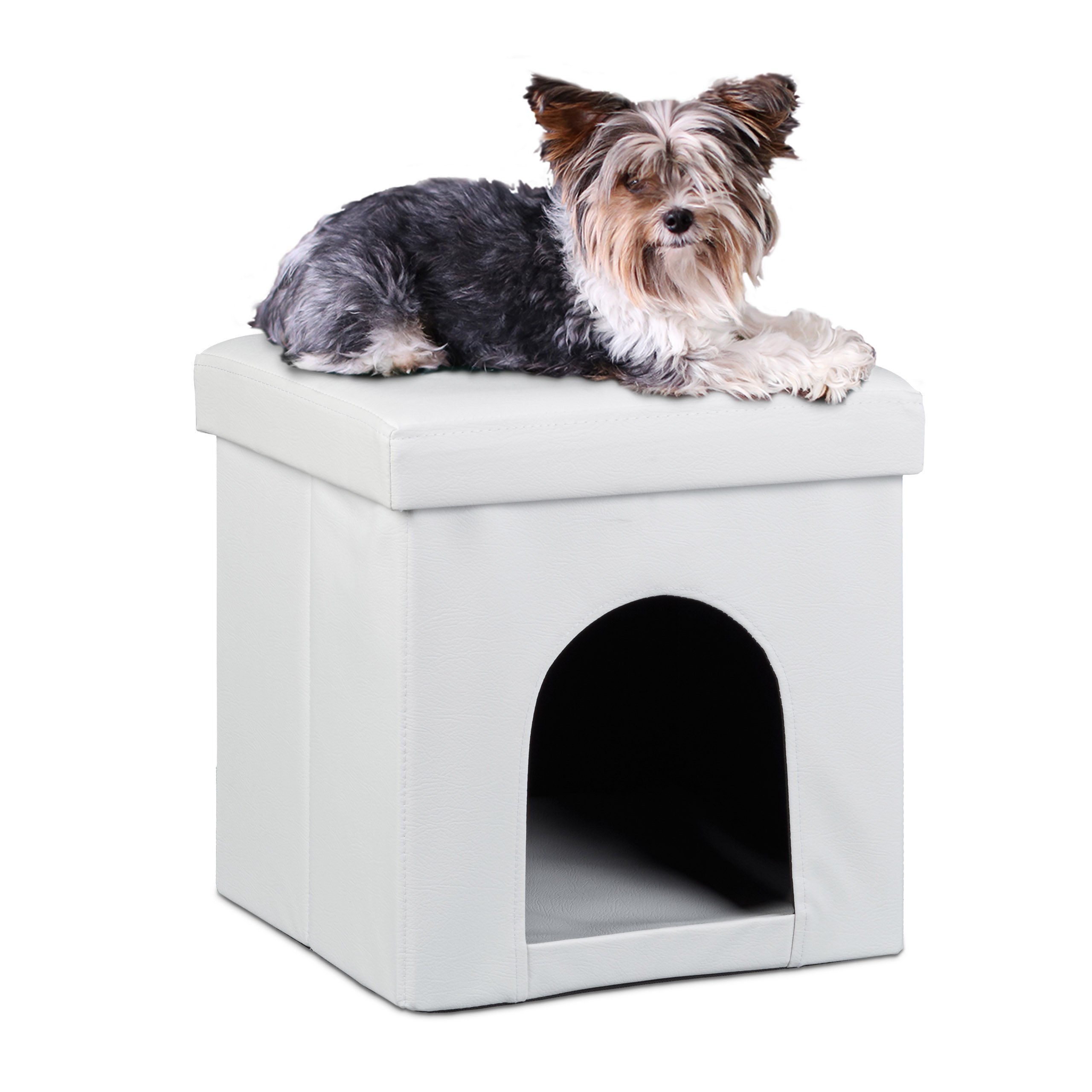 Relaxdays 10019046 Maison pour petits chiens et chats pliable pliante banc en similicuir confortable Tabouret abri panier malle cube niche HxlxP : 38 x 38 x 38 cm repose-​pieds couvercle amovible, blanc