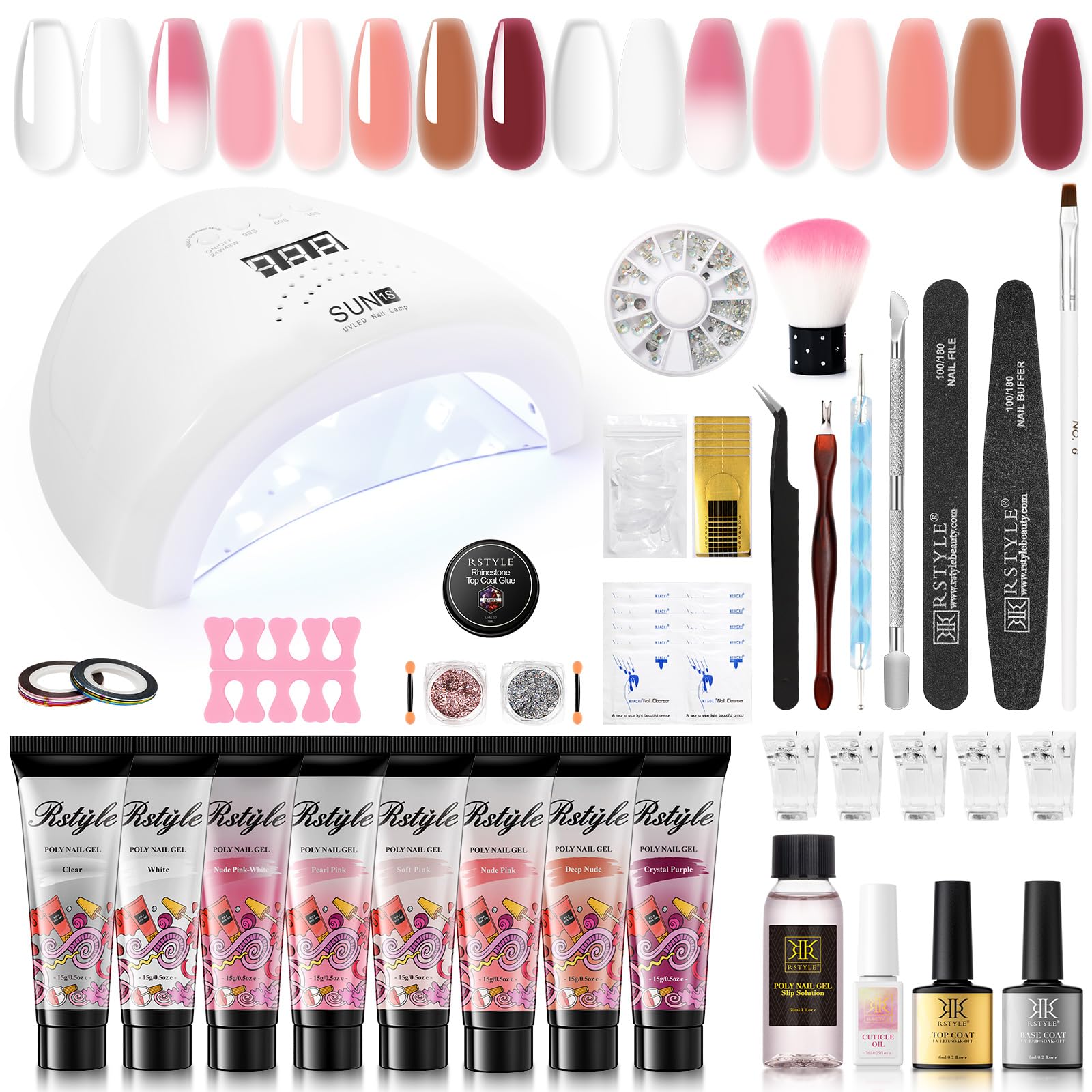 RSTYLE Kit Uñas 8 Colores 15ml Con Lámpara UV 48W Profesional - Kit Completo Para Extensión, Principiantes, Manicura y Decoración (Rosa)