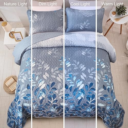 Miniatura 6 de WONGS BEDDING Juego de edredón floral azul California King, juego de colcha de 3 piezas con hojas botancales con 2 fundas de almohada para todas las