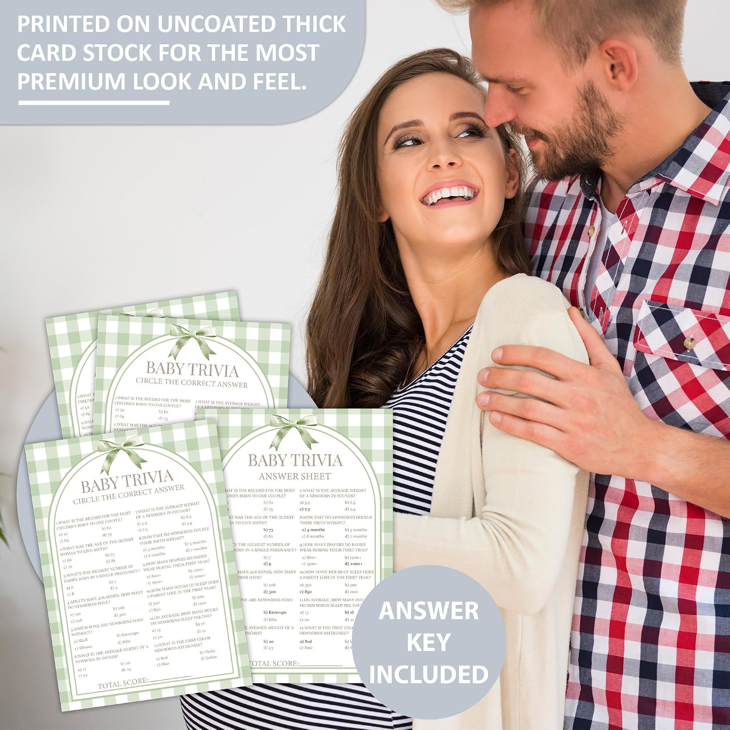 Baby Shower Game Cards for Guest, Sage Green Baby Trivia Game Cards, Mom to Be Supplies for Party, 30 Pcs Fun Gender Reveal Party Games & Activity with Answer, 5 x 7 Inch