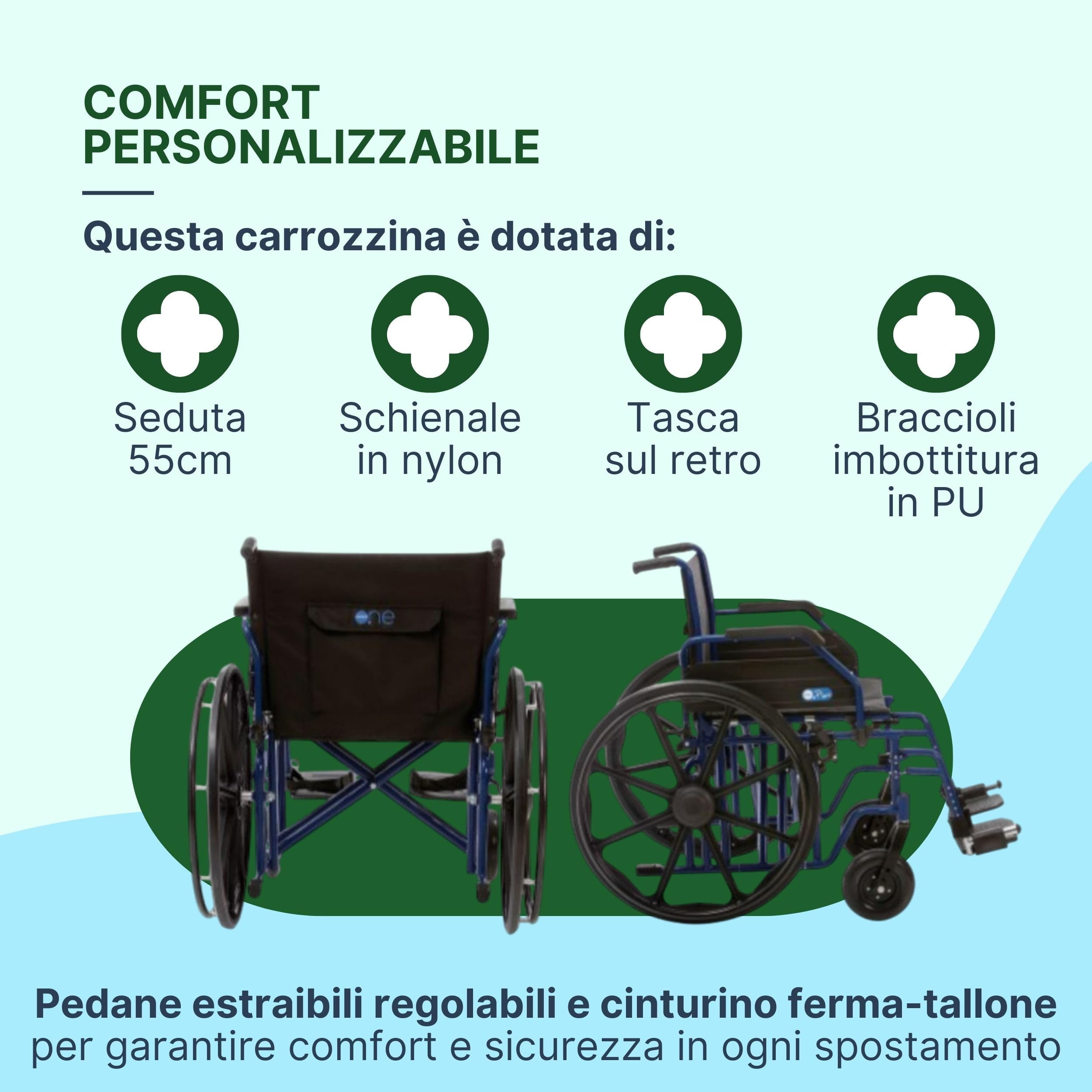 Sedia a Rotelle Bariatrica ad Autospinta, Seduta 55 cm, Blu | Carrozzina per Disabili in Acciaio Pieghevole, Portata Massima 200 kg
