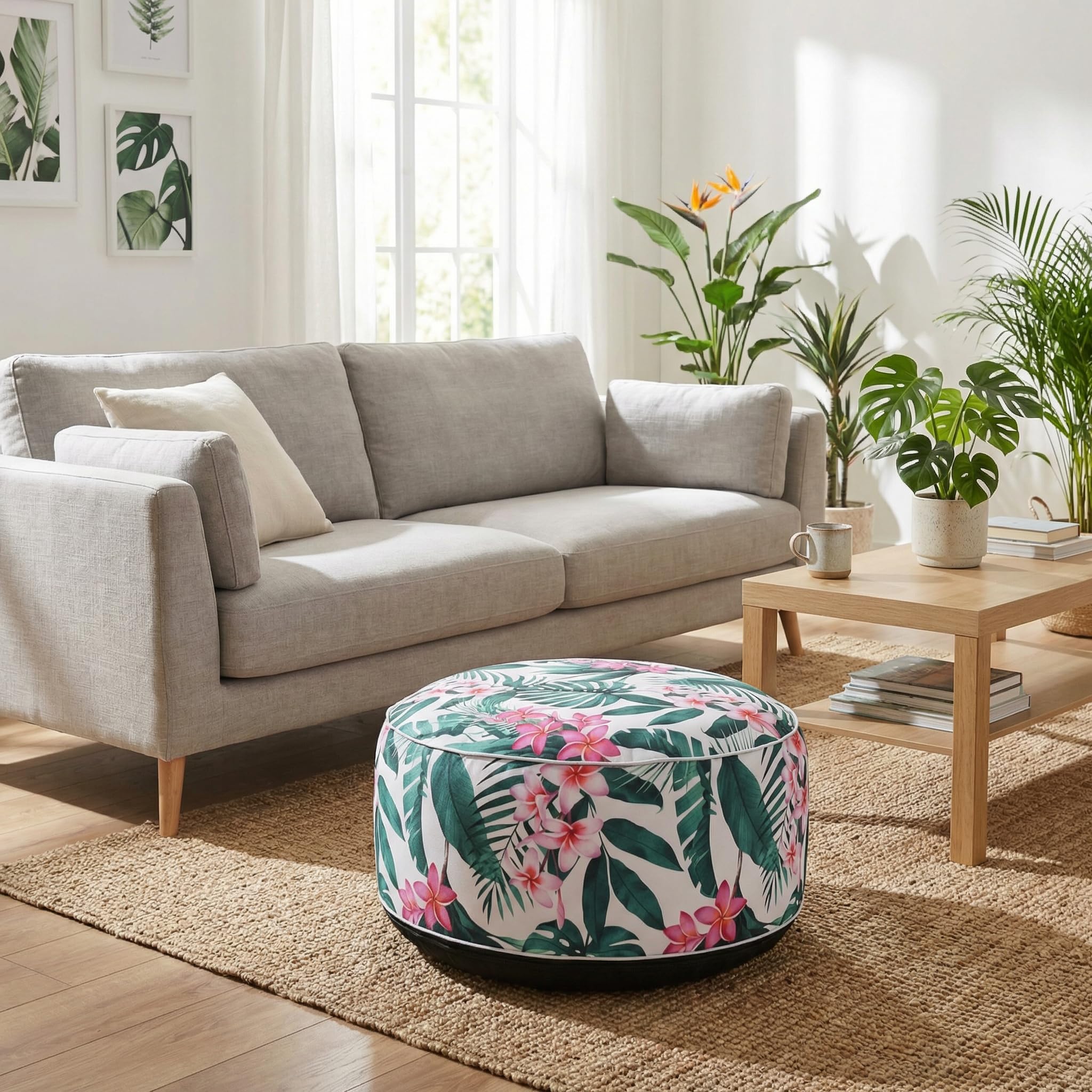 MIJOMA Pouf gonfiabile Ø 55 x 25 cm - Leaves with Flower - Poggiapiedi leggero per soggiorno e balcone - Impermeabile - Pouf e poggiapiedi