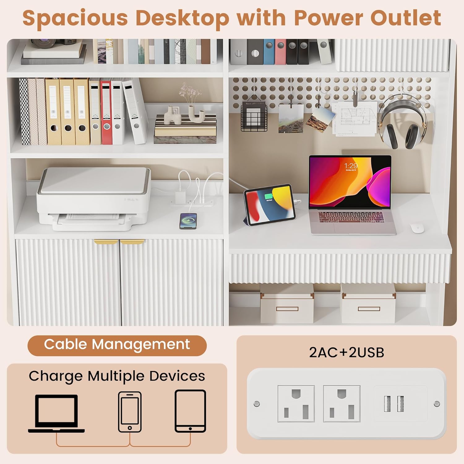 kepptory 63" Tall Computer Desk with Hutch, Fluted Wood Computer Desk, Featuring Charging Station, Drawer and Storage Cabinet, for Home Office Work and Study (White)