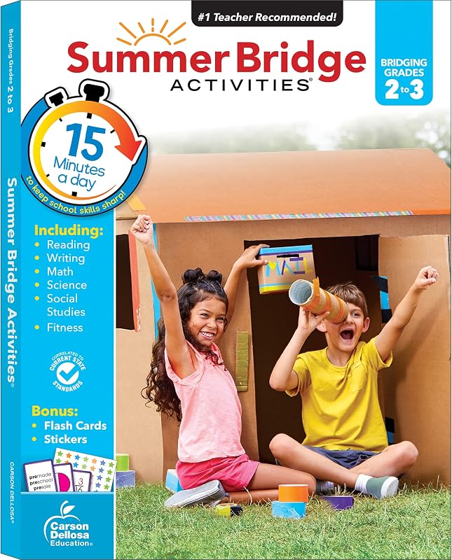 Actividades puente de verano Libros de trabajo de 2.º a 3.º grado, libro de actividades con matemáticas, comprensión de lectura, ciencias, acondicionamiento físico, estudios sociales, práctica de escritura y tarjetas didácticas (Volumen 4)