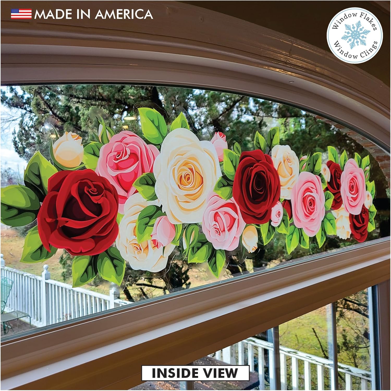 Valentines - Mother's Day - Spring Decoration - Large Valentine Roses Border Double Sided Window Cling Decal - Reusable Home Decor Sticker - Decoration for Glass Doors and Windows. Made in America.
