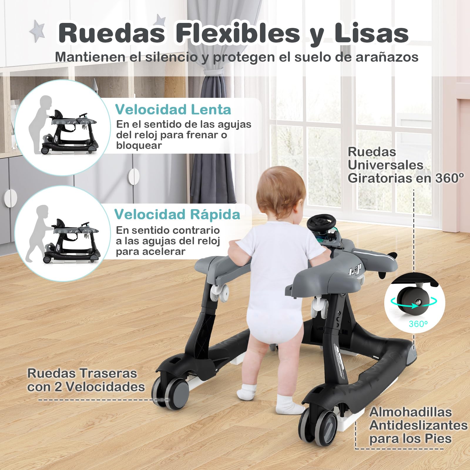 COSTWAY 6 en 1 Andador Bebés, Andador Plegable de Avión, Altura Ajustable en 3 Niveles, 6 Ruedas Universales, Caja de Música Extraíble, Tacata Bebes, Caminador Bebe para Niños de 6-18 Meses (Gris)