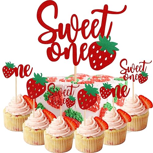 25 piezas Sweet One Strawberry Cupcake Toppers Glitter 1st Birthday Sweet One Cake Topper Strawberry One Cupcake Picks para temática de frutas, baby