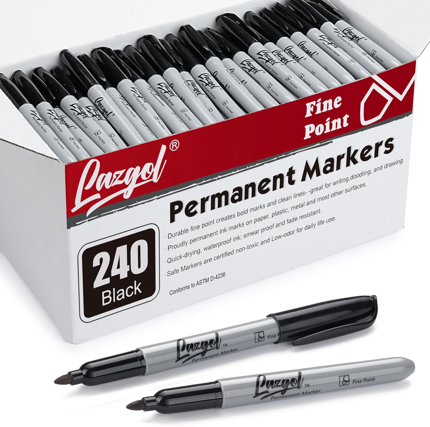 LAZGOL Permanent Markers Bulk, 240 Pack Fine Tip Black Permanent Markers, Waterproof Markers, Premium Smear Proof Pens, Quick Drying, Office Supplies for School, Office, Home