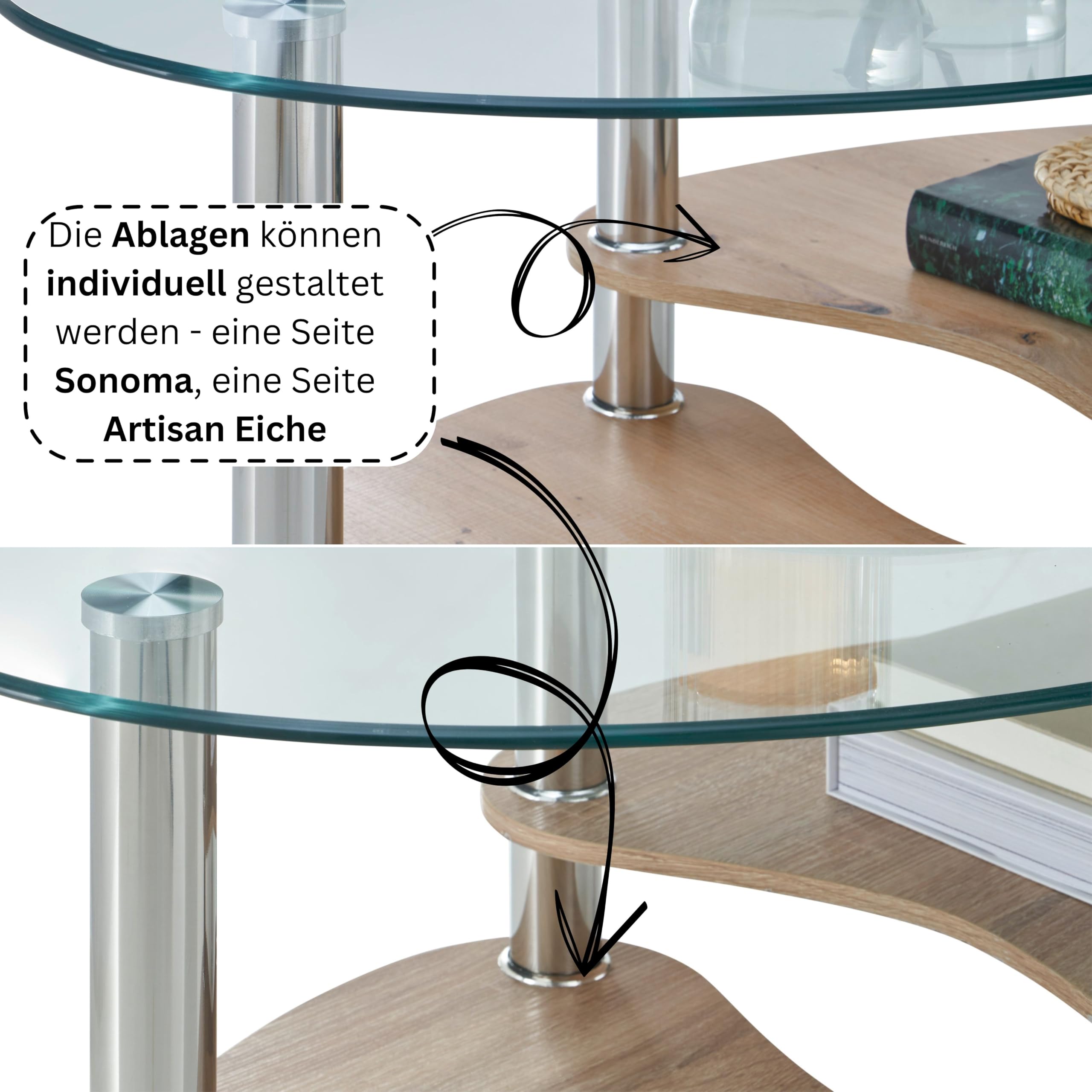 Panty Couchtisch Glas oval, Artisan Eiche/Sonoma Eiche, 90 x 42 x 55 cm