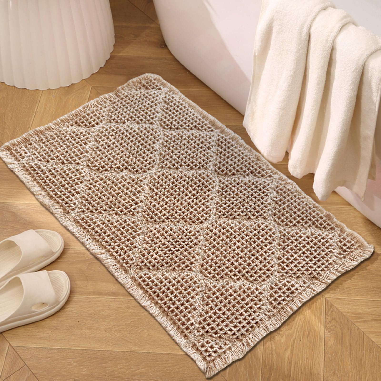 ZALL Tan Waffle Bath Mat,Super Absorbent Non Slip Bathroom Rug,Brown 18x30inch, Geometric Diamond Machine Washable Ultra Soft Floor Mats